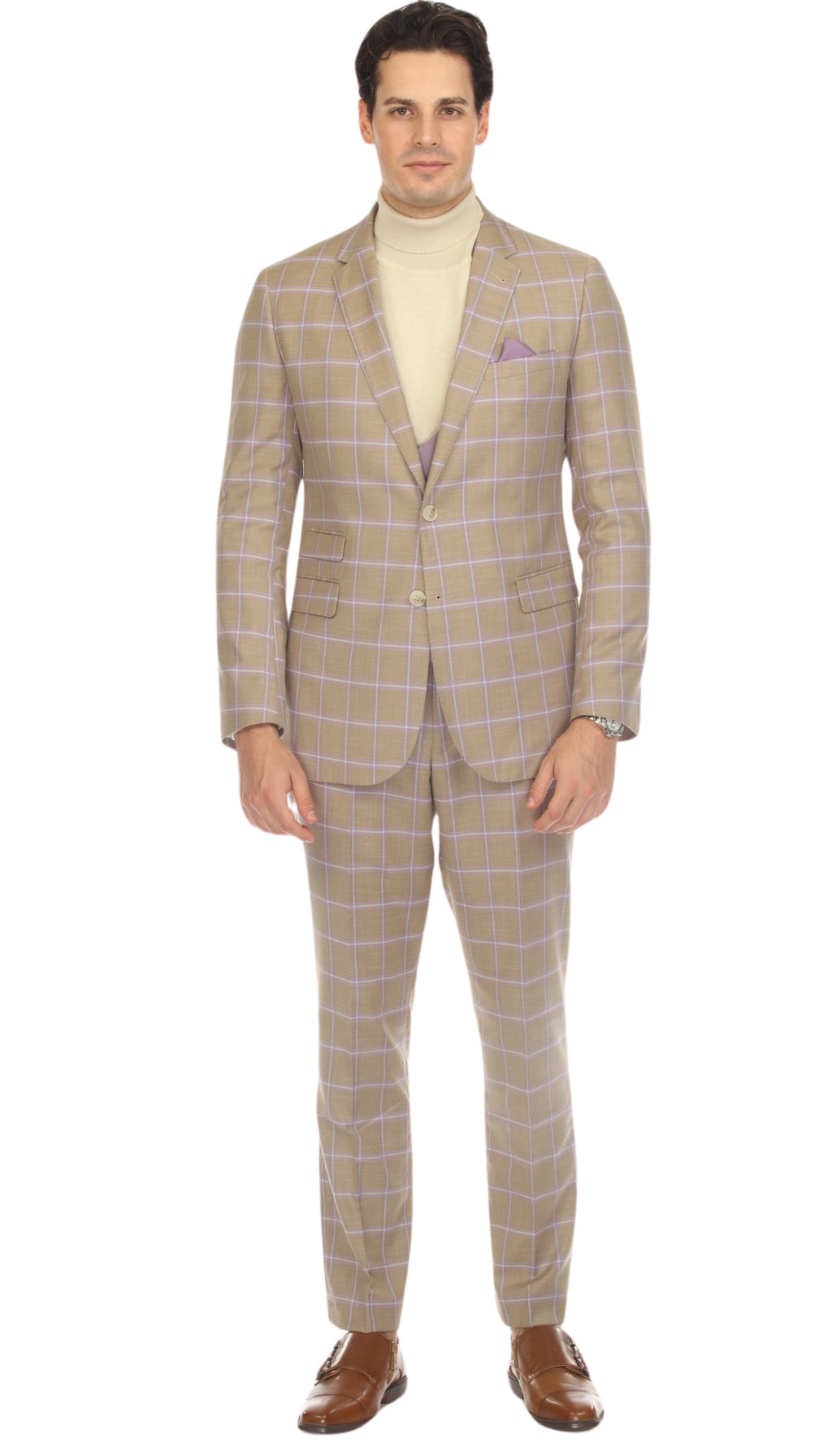 Wilton Tan Mens 2 Button Slim Notch Lapel Suit With Pick Stiching "U" Shaped Vest Double Breasted Contrast Vest-1