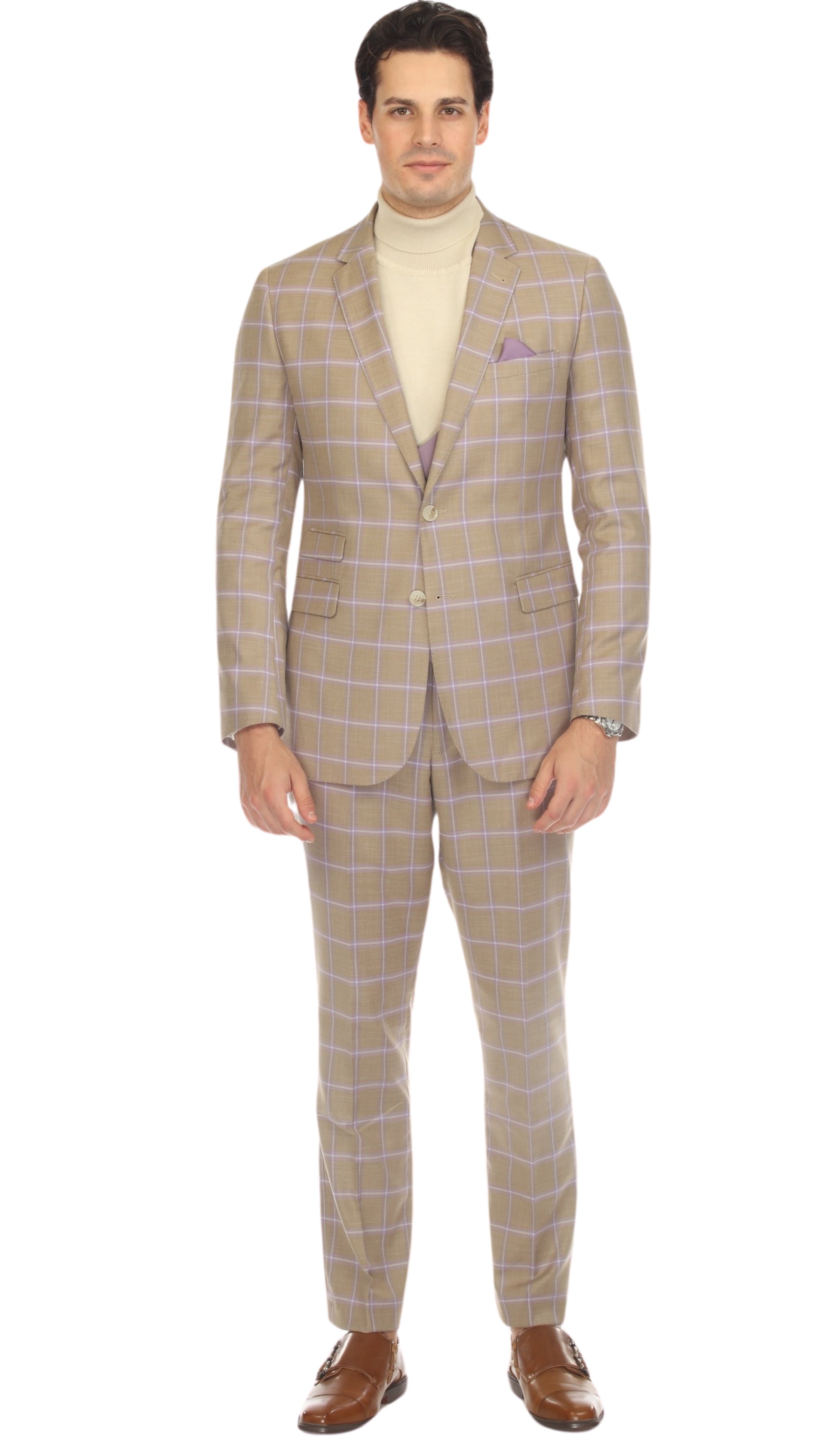 Wilton Tan Mens 2 Button Slim Notch Lapel Suit With Pick Stiching "U" Shaped Vest Double Breasted Contrast Vest-1