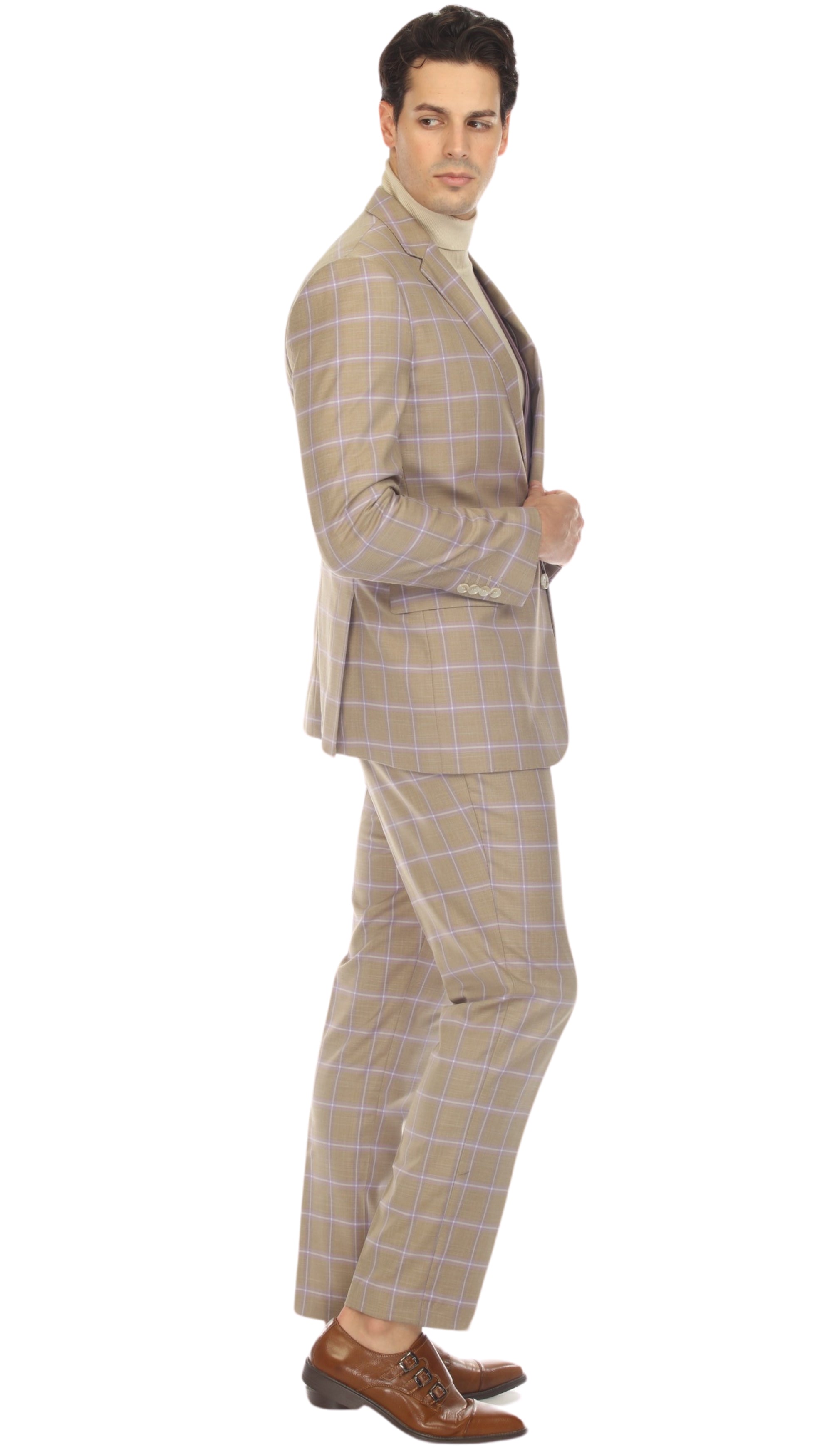 Wilton Tan Mens 2 Button Slim Notch Lapel Suit With Pick Stiching "U" Shaped Vest Double Breasted Contrast Vest-2