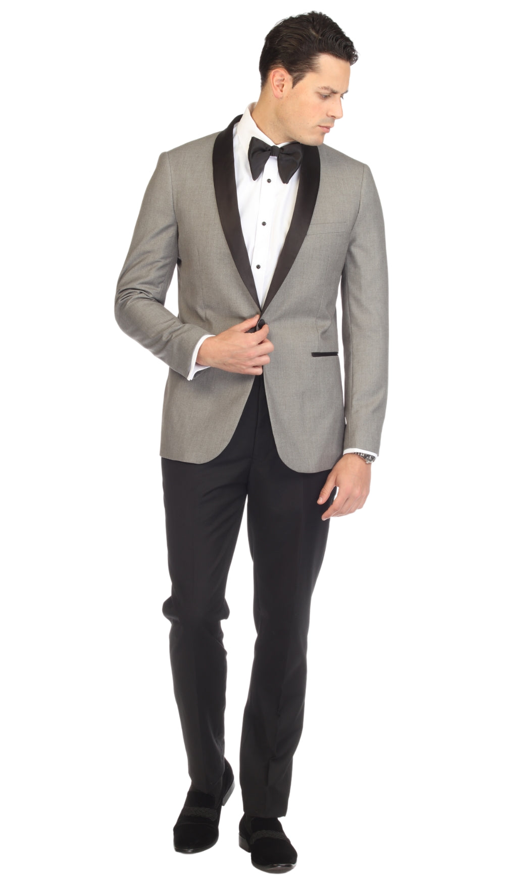 Ferrecci Men's Reno Grey and Black Slim Fit Shawl Lapel 2 Piece Tuxedo Suit Set-4