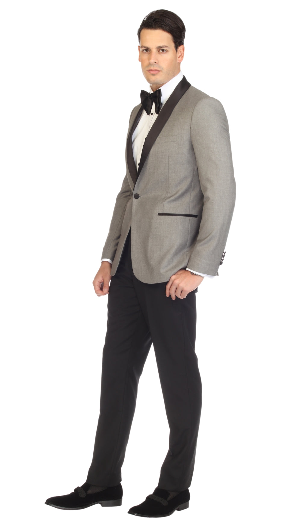Ferrecci Men's Reno Grey and Black Slim Fit Shawl Lapel 2 Piece Tuxedo Suit Set-3