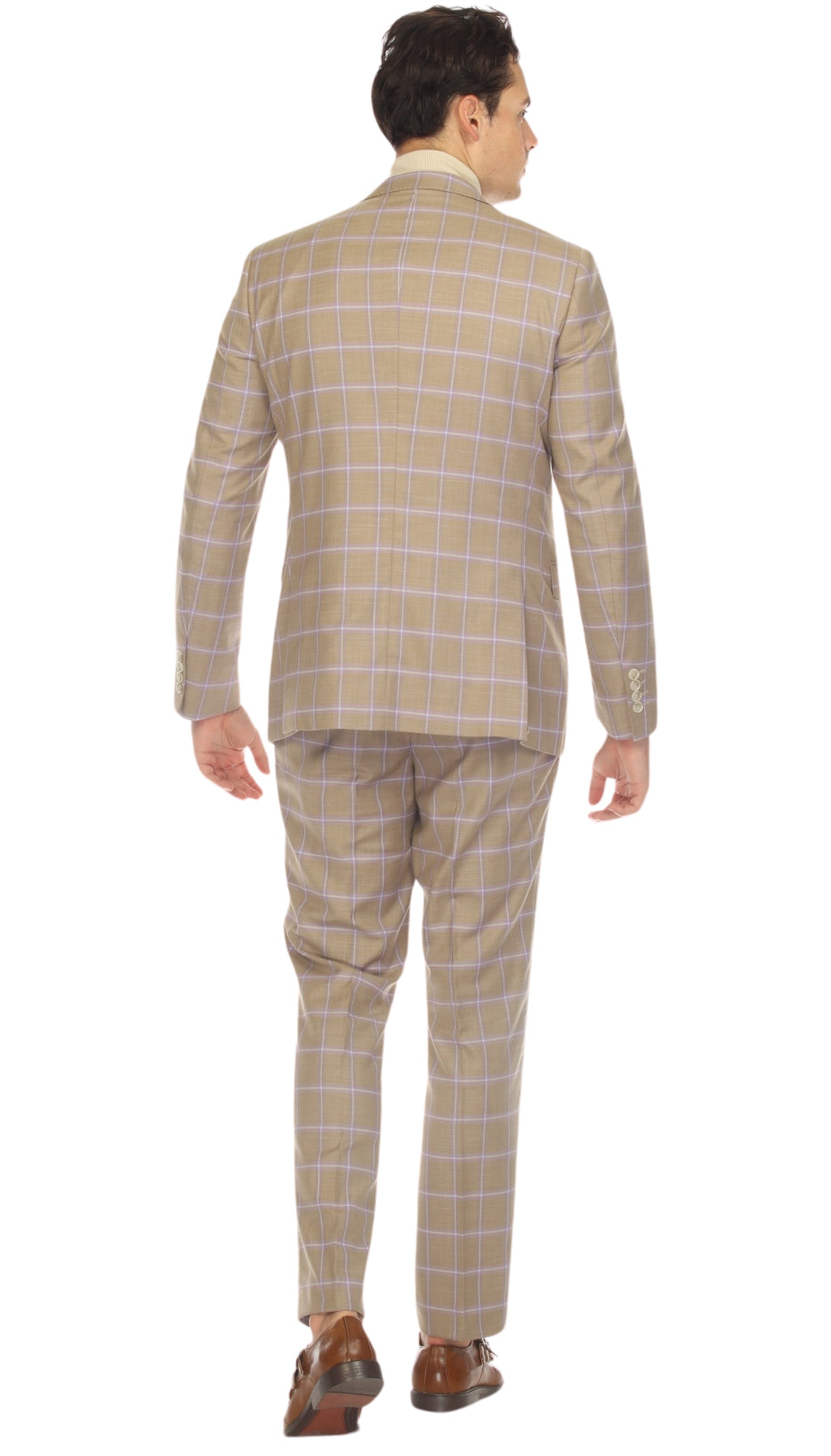 Wilton Tan Mens 2 Button Slim Notch Lapel Suit With Pick Stiching "U" Shaped Vest Double Breasted Contrast Vest-3