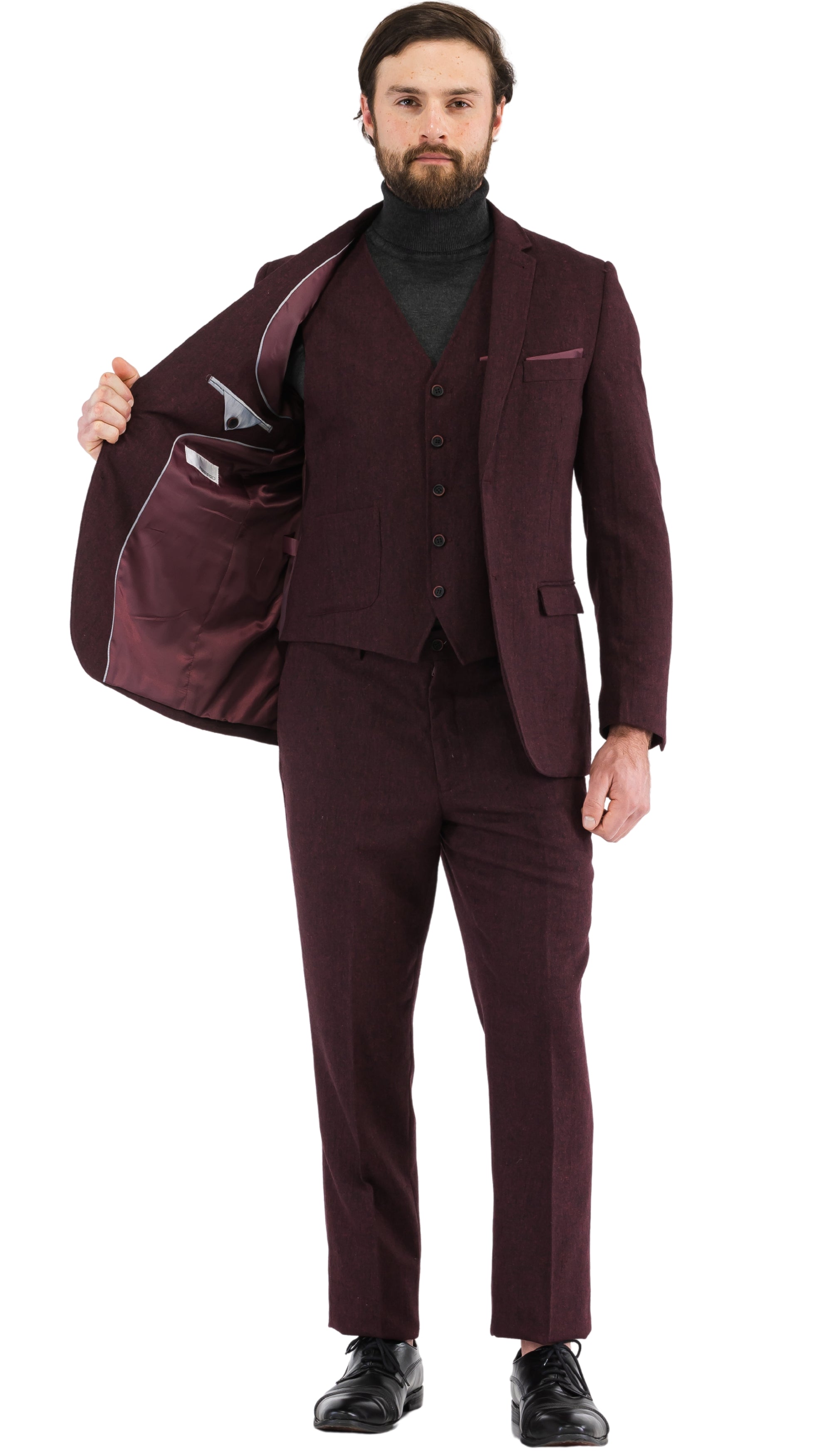 Bradford Burgundy Slim Fit 3 Piece Tweed Suit-3
