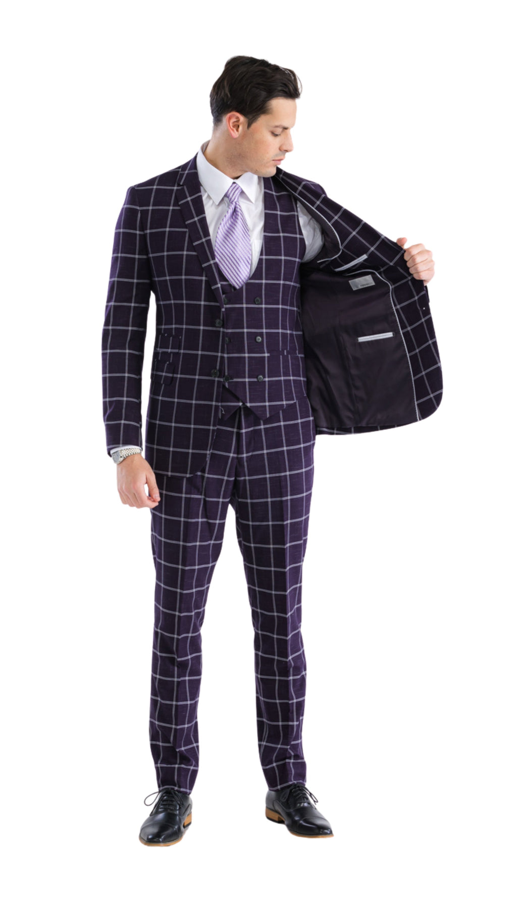 Copper Burgundy Mens 2 Button Slim Notch Lapel Suit With Pick Stiching "U" Shaped Vest Double Breasted-3