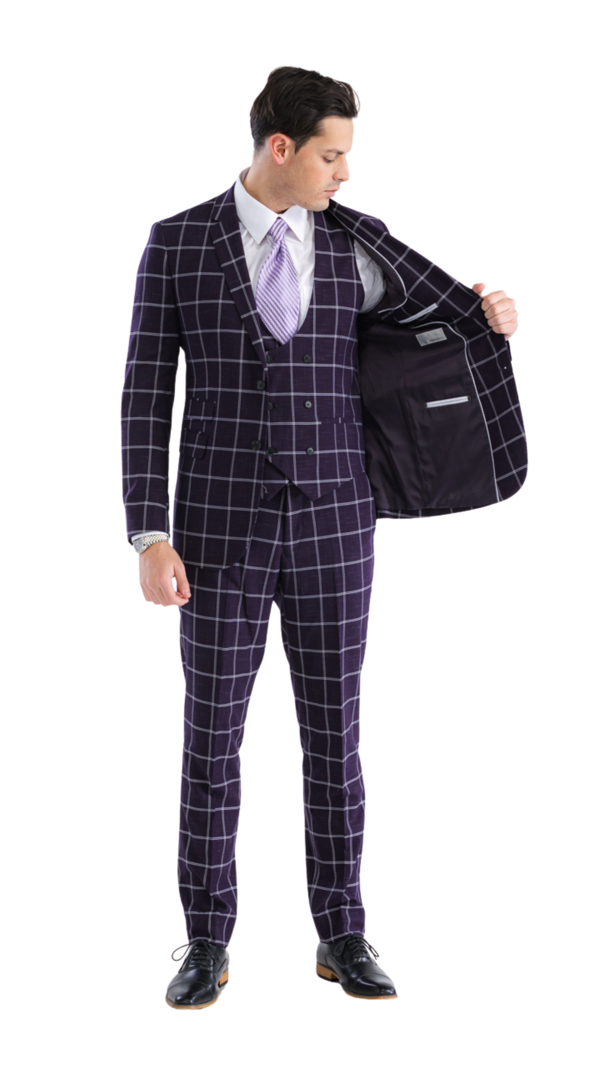 Copper Burgundy Mens 2 Button Slim Notch Lapel Suit With Pick Stiching "U" Shaped Vest Double Breasted-3