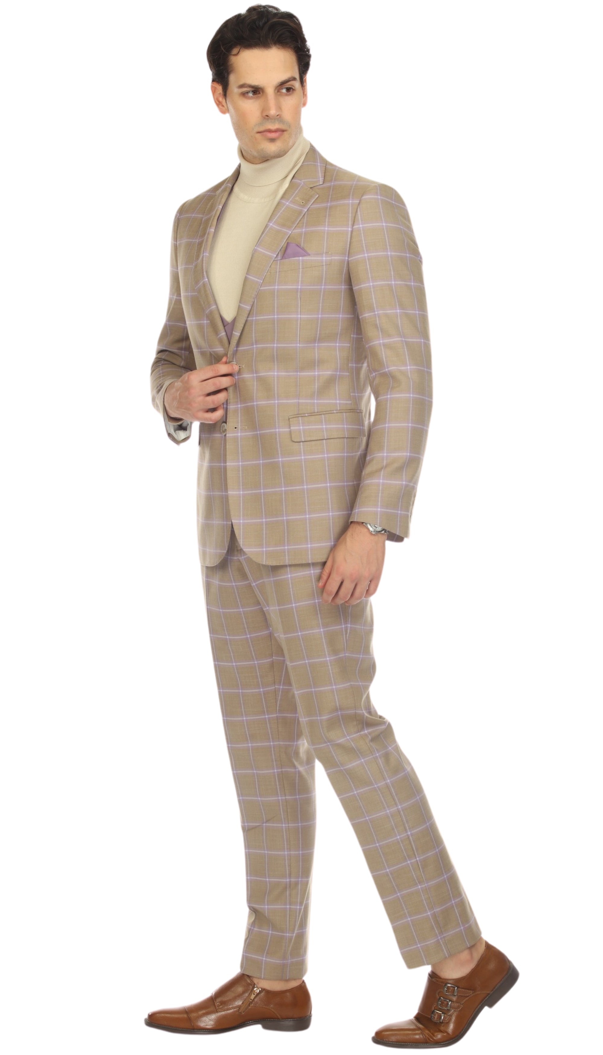 Wilton Tan Mens 2 Button Slim Notch Lapel Suit With Pick Stiching "U" Shaped Vest Double Breasted Contrast Vest-4