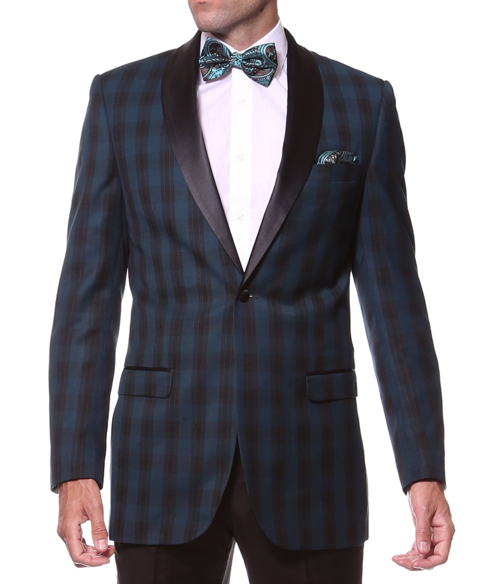The Astor Teal Plaid Slim Shawl Tuxedo Blazer-0