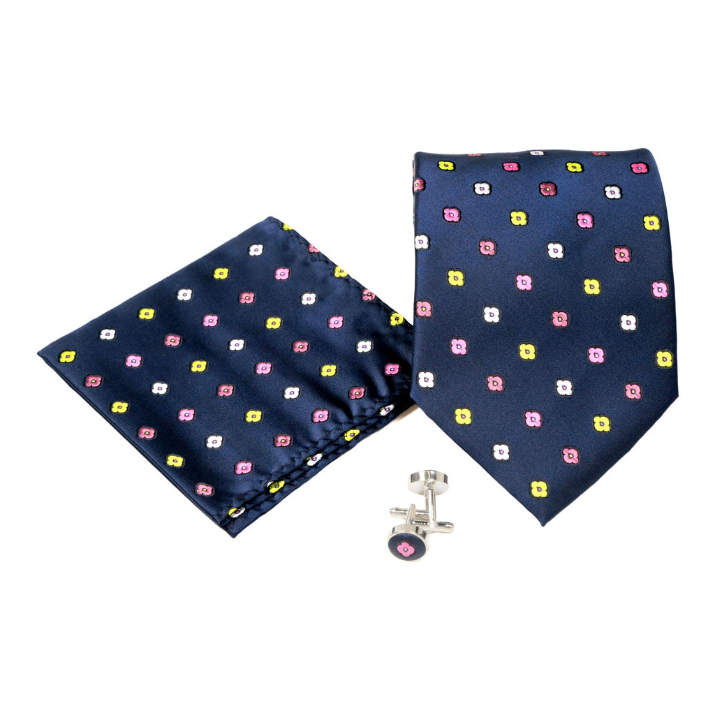 Men's Navy Blue Floral Pattern Design 4-pc Necktie Box Set-0