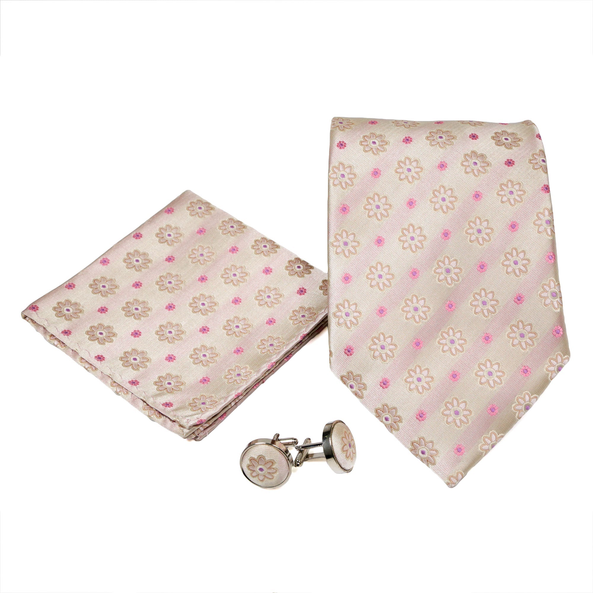 Men's Beige/Pink Floral Grid Geometric Pattern Design 4-pc Necktie Box Set-0