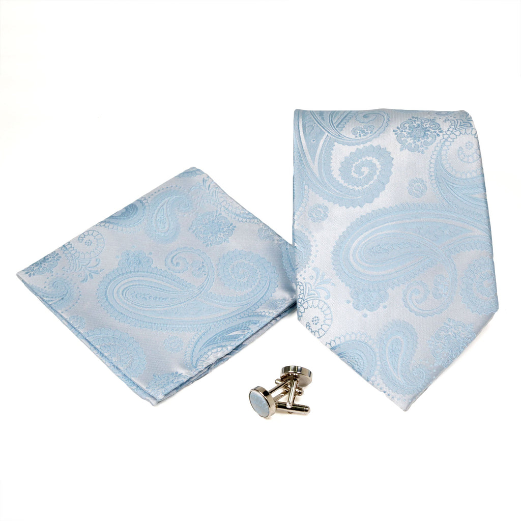 Men's Light Blue Paisley Geometric Pattern Design 4-pc Necktie Box Set-0