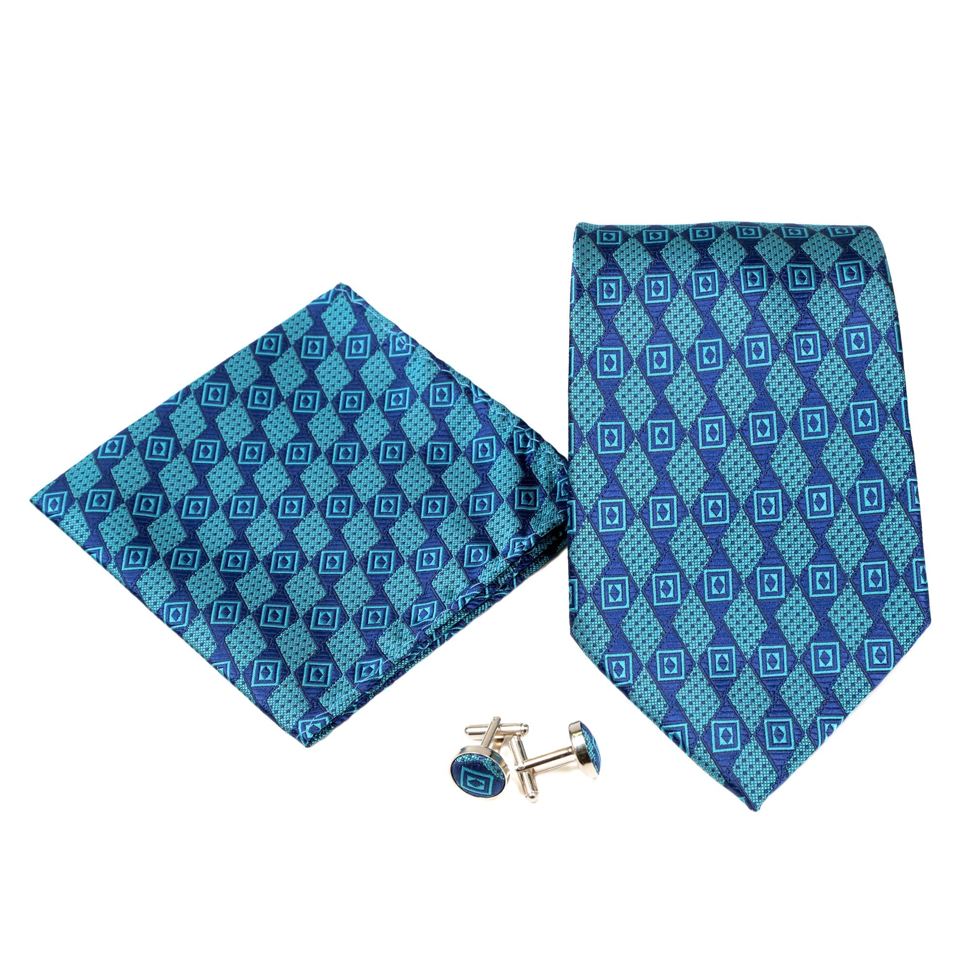 Men's Blue Squared Pattern Design 4-pc Necktie Box Set-0