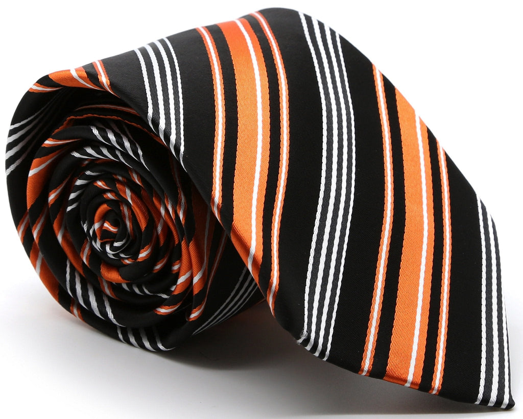 Mens Dads Classic Black Orange Striped Pattern Business Casual Necktie & Hanky Set D-4-0