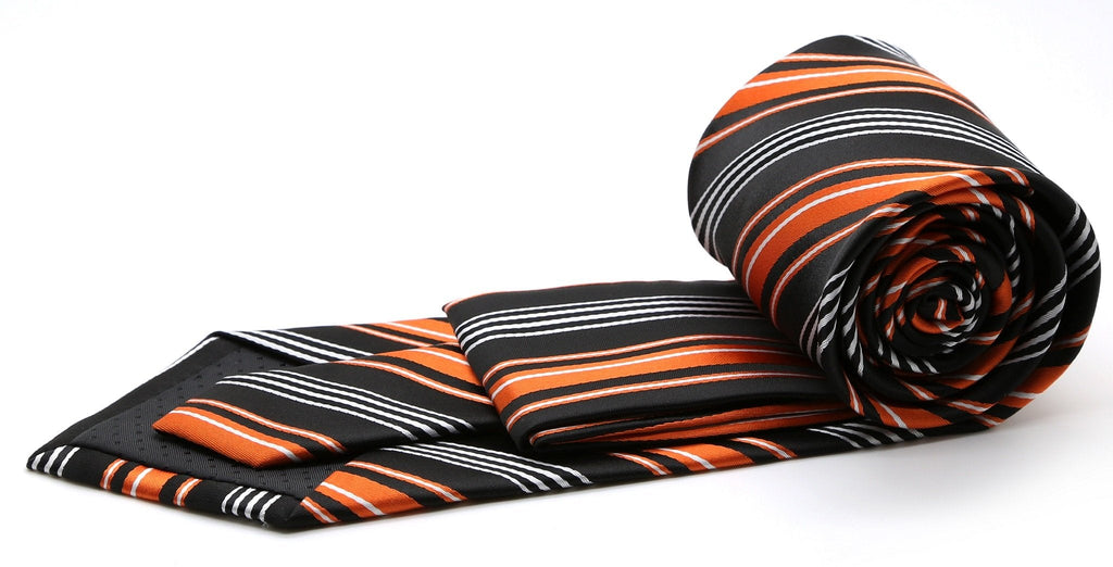 Mens Dads Classic Black Orange Striped Pattern Business Casual Necktie & Hanky Set D-4-1