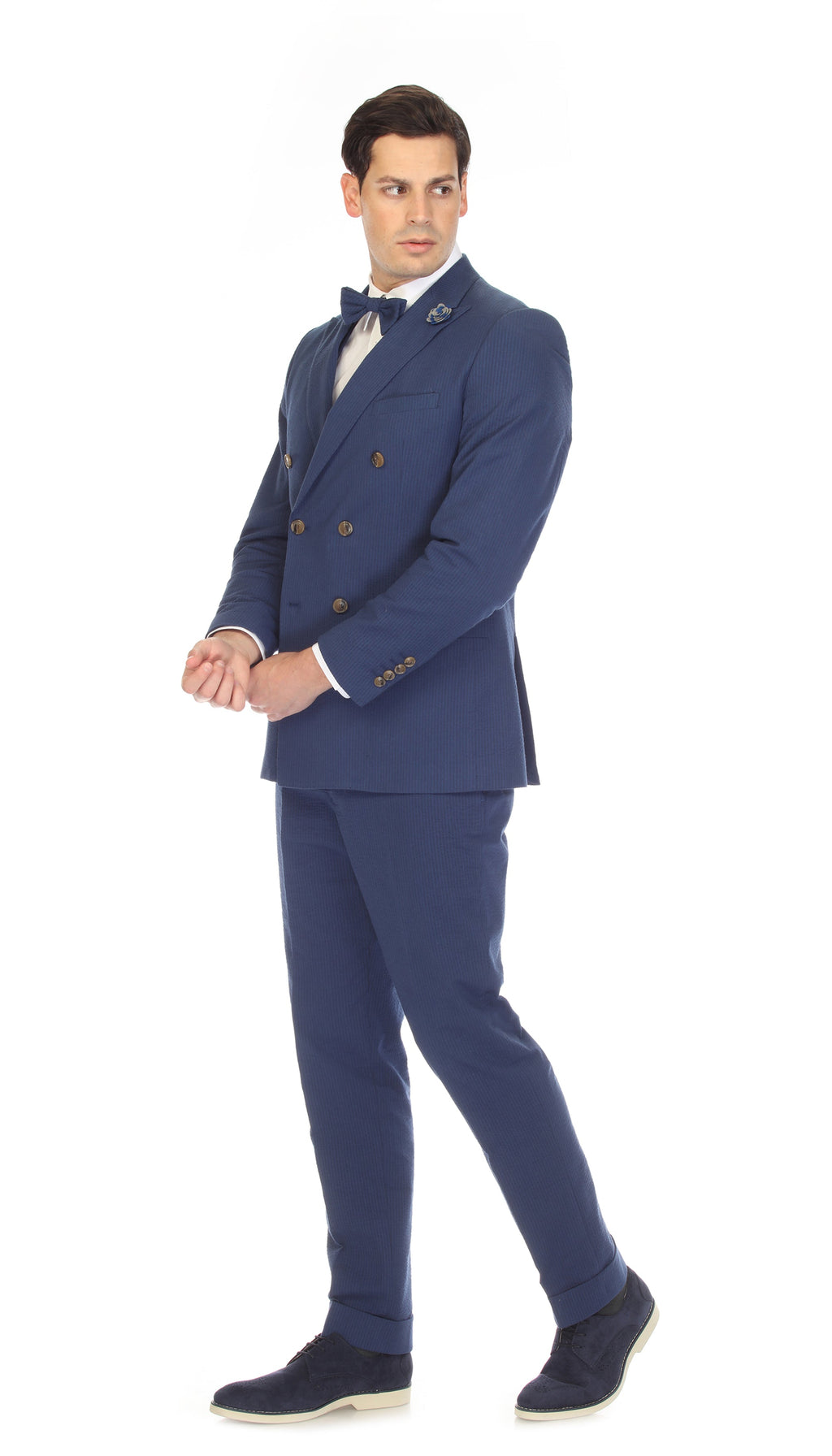 Men's Navy Double Breasted Slim Fit Seersucker Suit-3