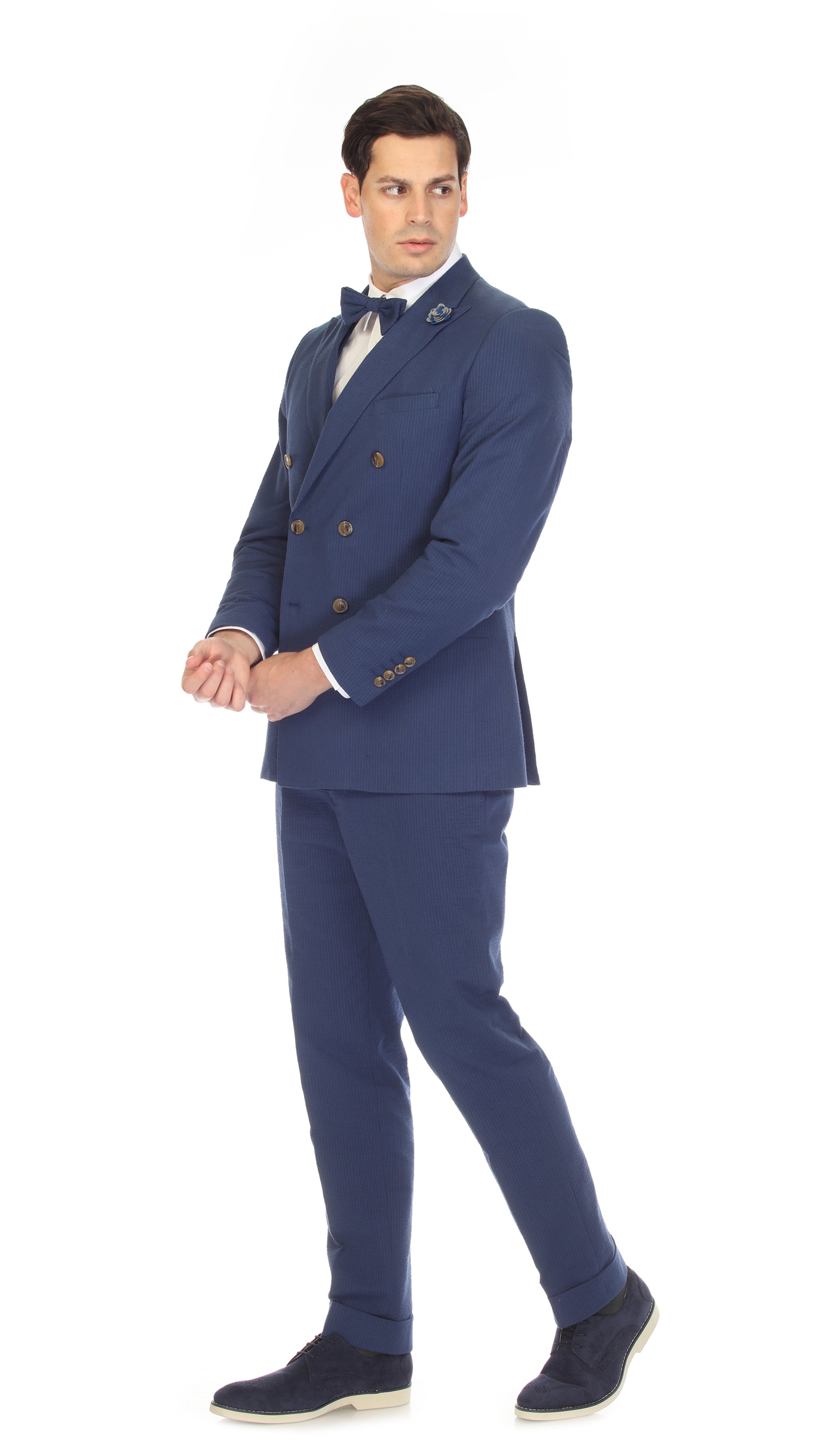 Men's Navy Double Breasted Slim Fit Seersucker Suit-3