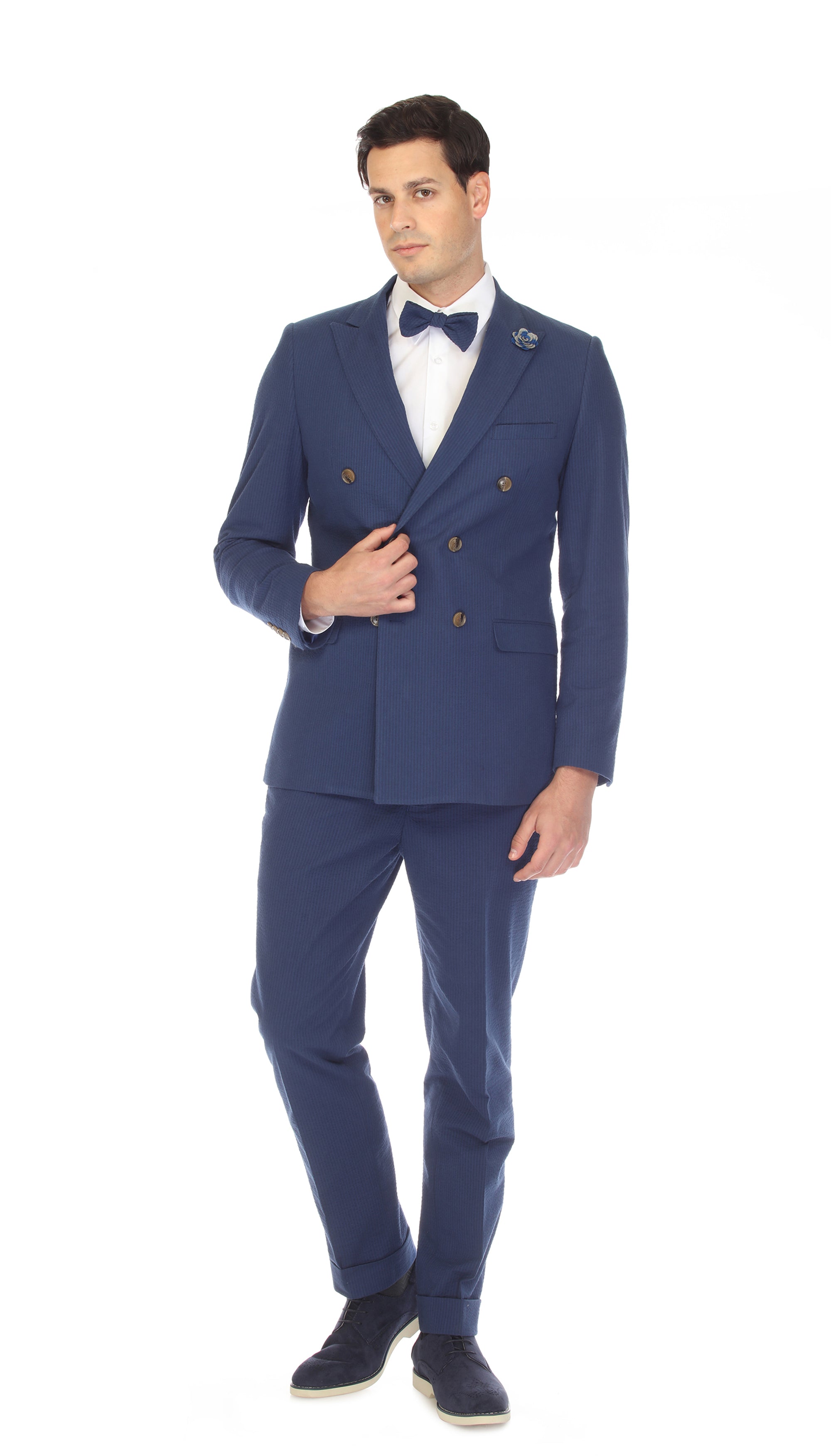 Men's Navy Double Breasted Slim Fit Seersucker Suit-1