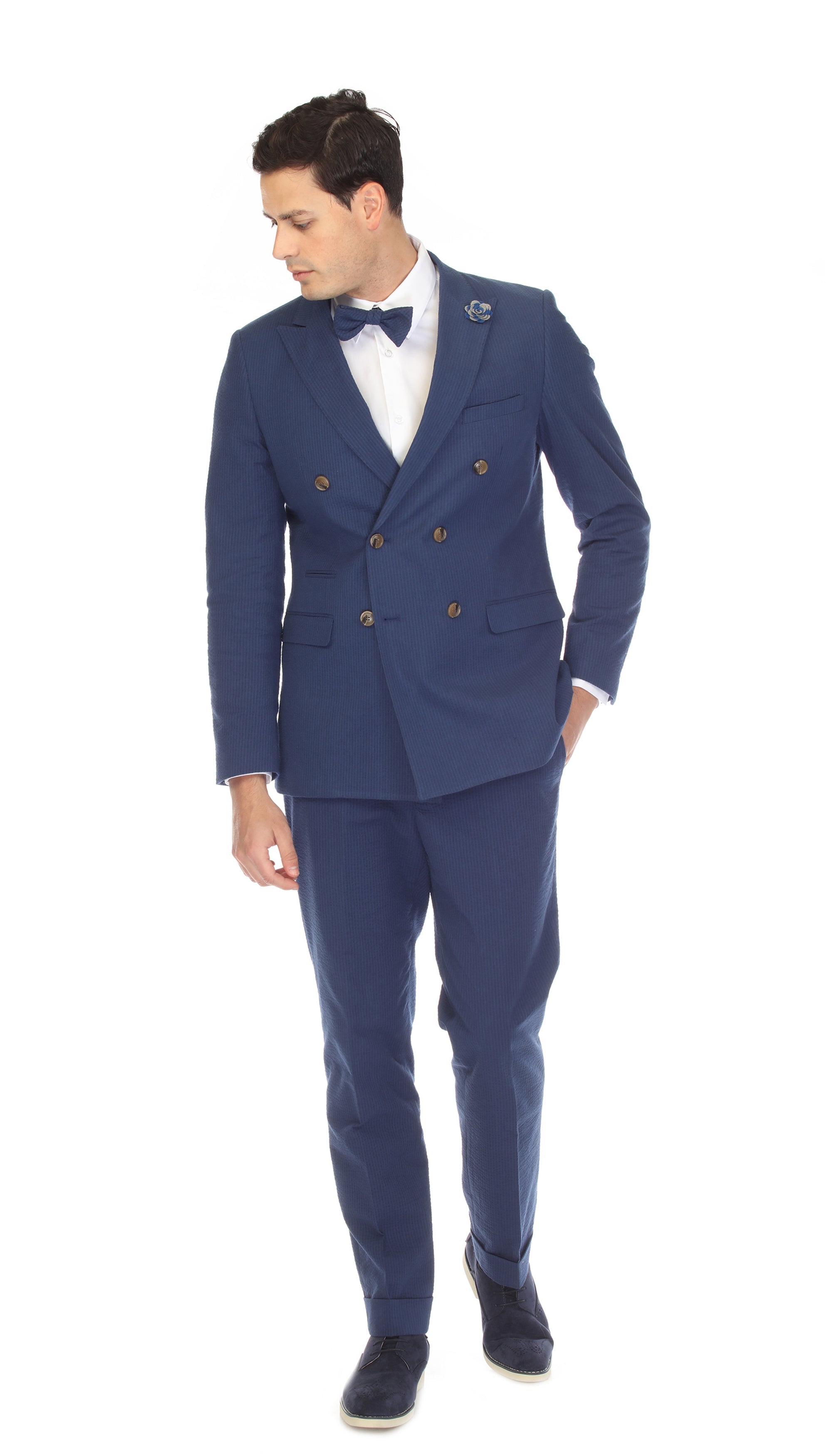 Men's Navy Double Breasted Slim Fit Seersucker Suit-2