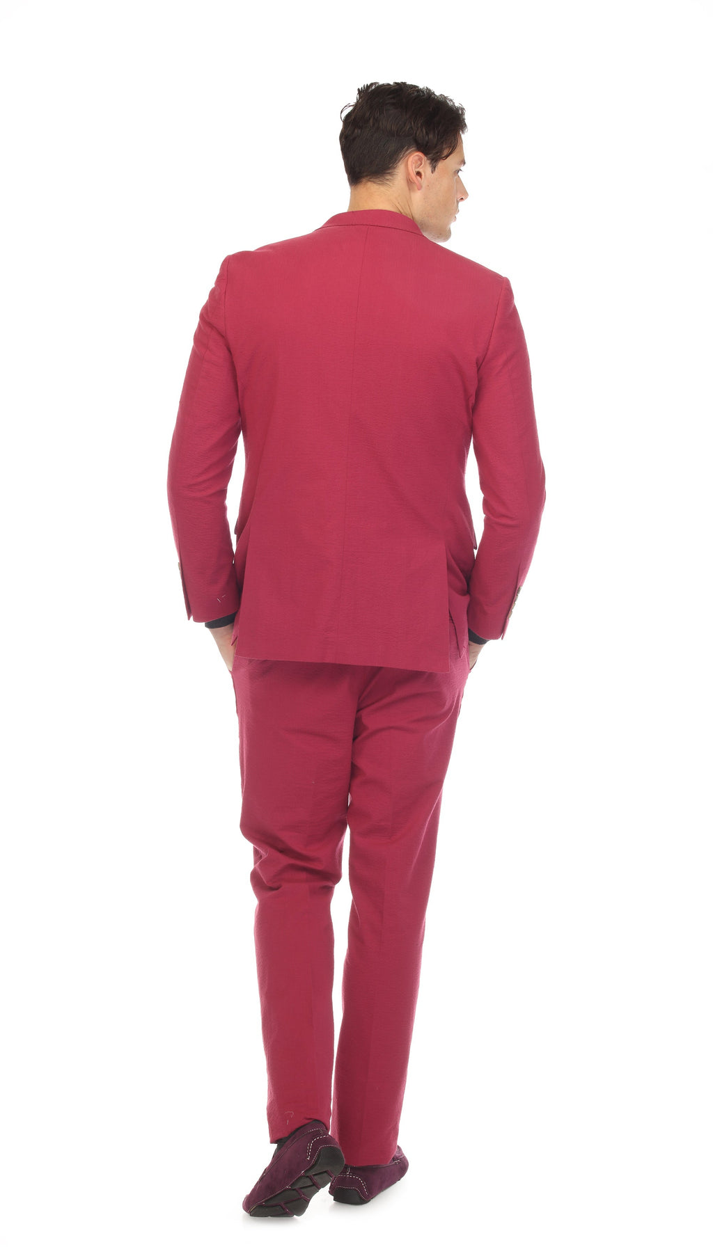 Men's Burgundy Double Breasted Slim Fit Seersucker Suit-3