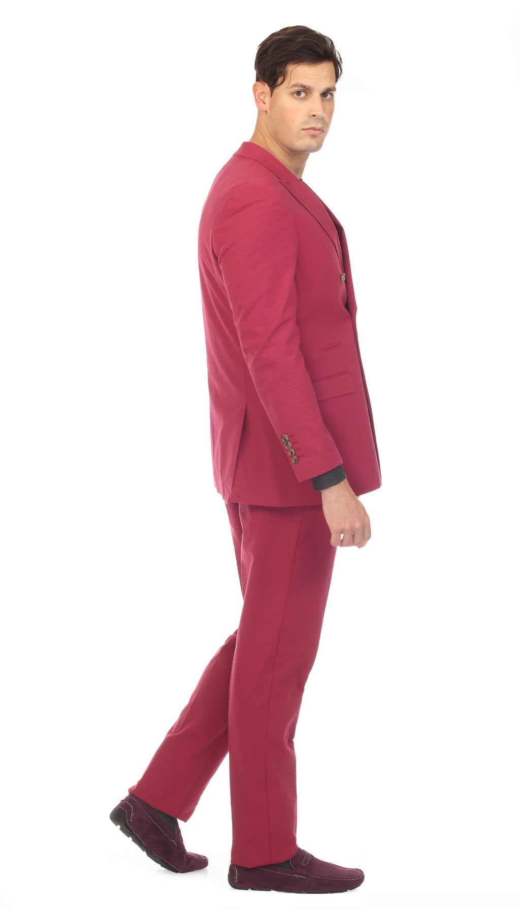 Men's Burgundy Double Breasted Slim Fit Seersucker Suit-4