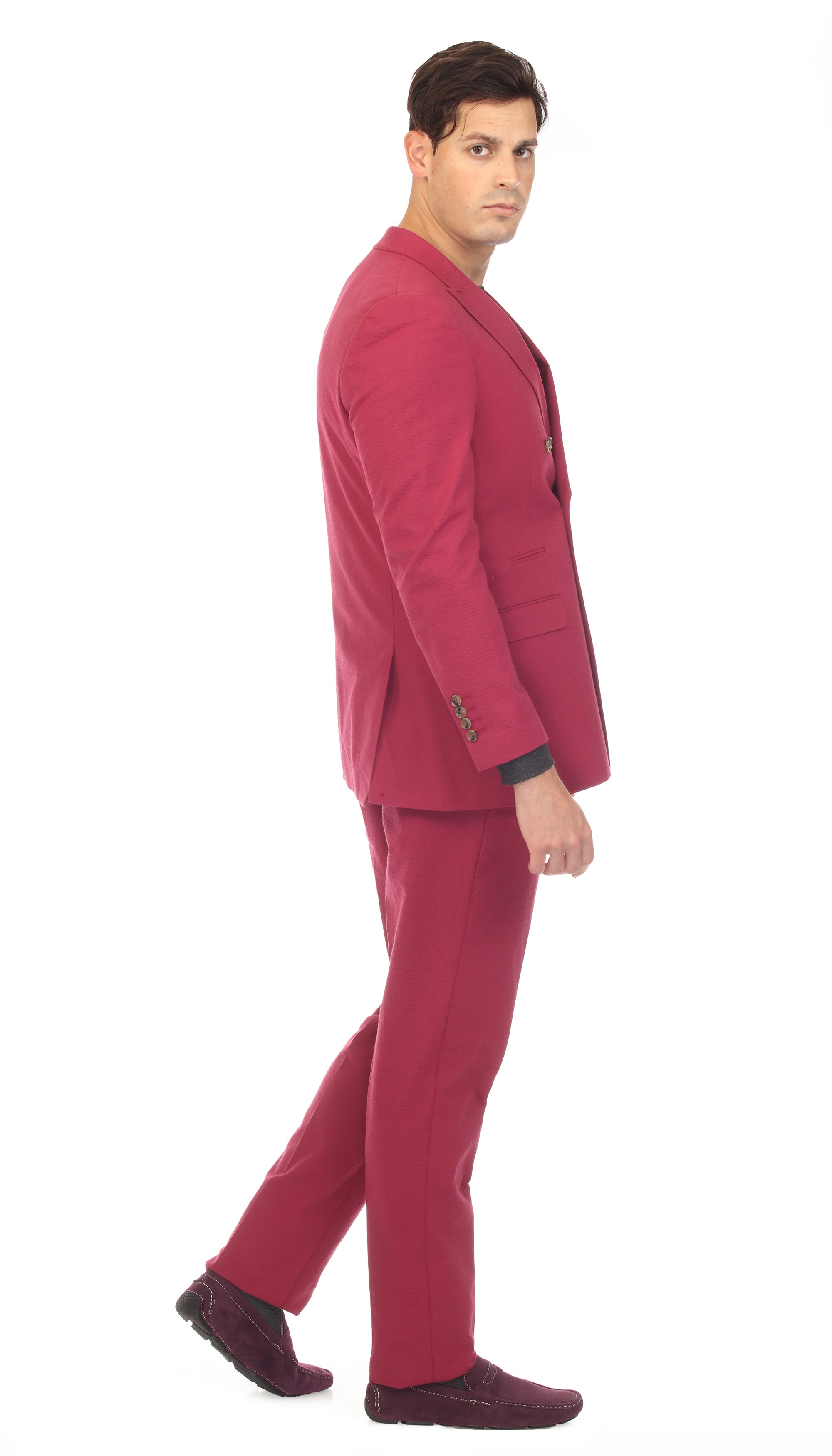 Men's Burgundy Double Breasted Slim Fit Seersucker Suit-4