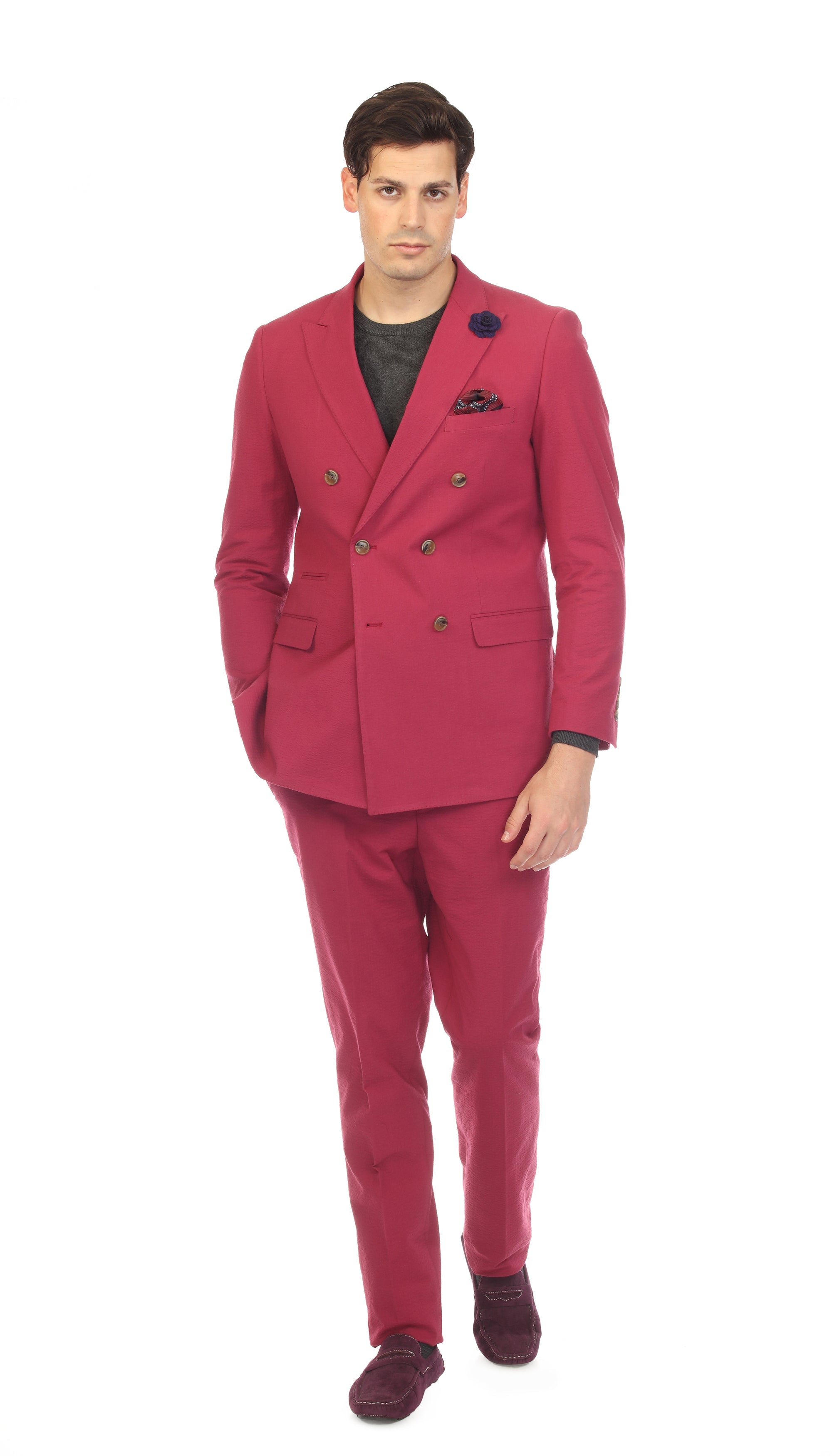 Men's Burgundy Double Breasted Slim Fit Seersucker Suit-1