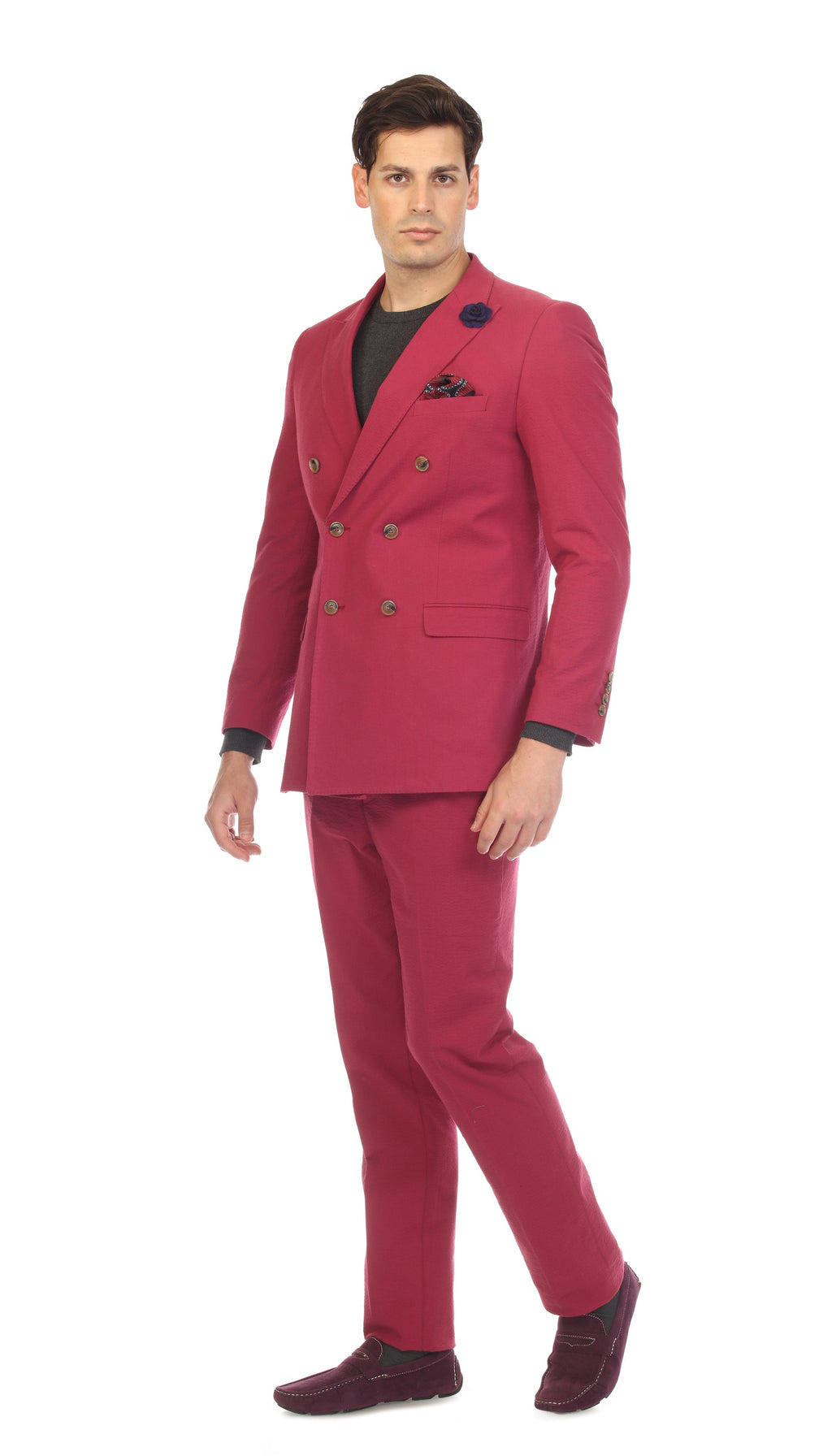 Men's Burgundy Double Breasted Slim Fit Seersucker Suit-2