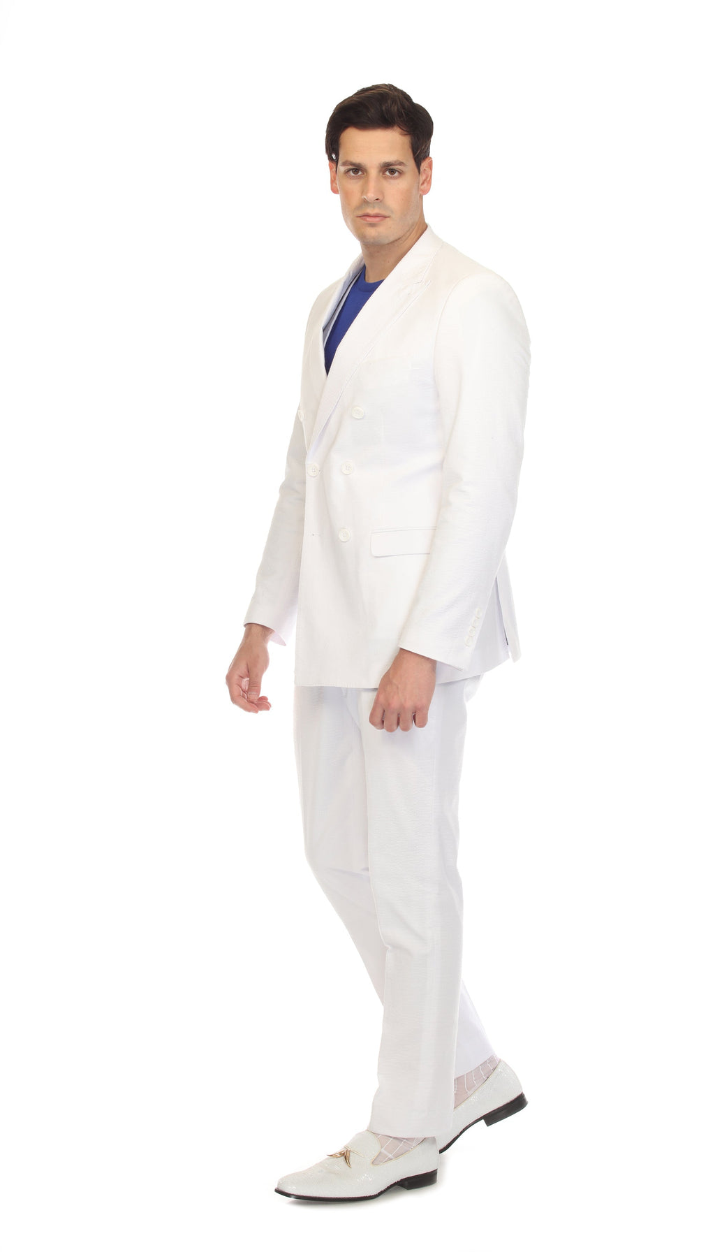 Men's White Double Breasted Slim Fit Seersucker Suit-2