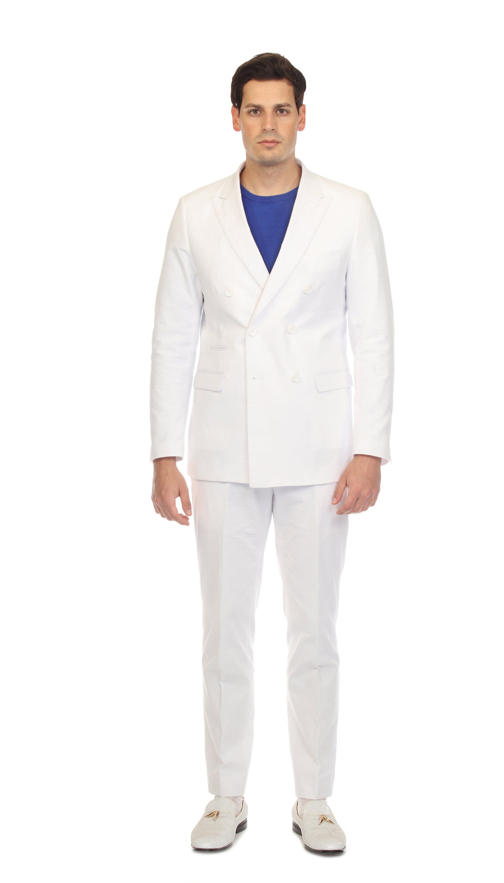 Men's White Double Breasted Slim Fit Seersucker Suit-3