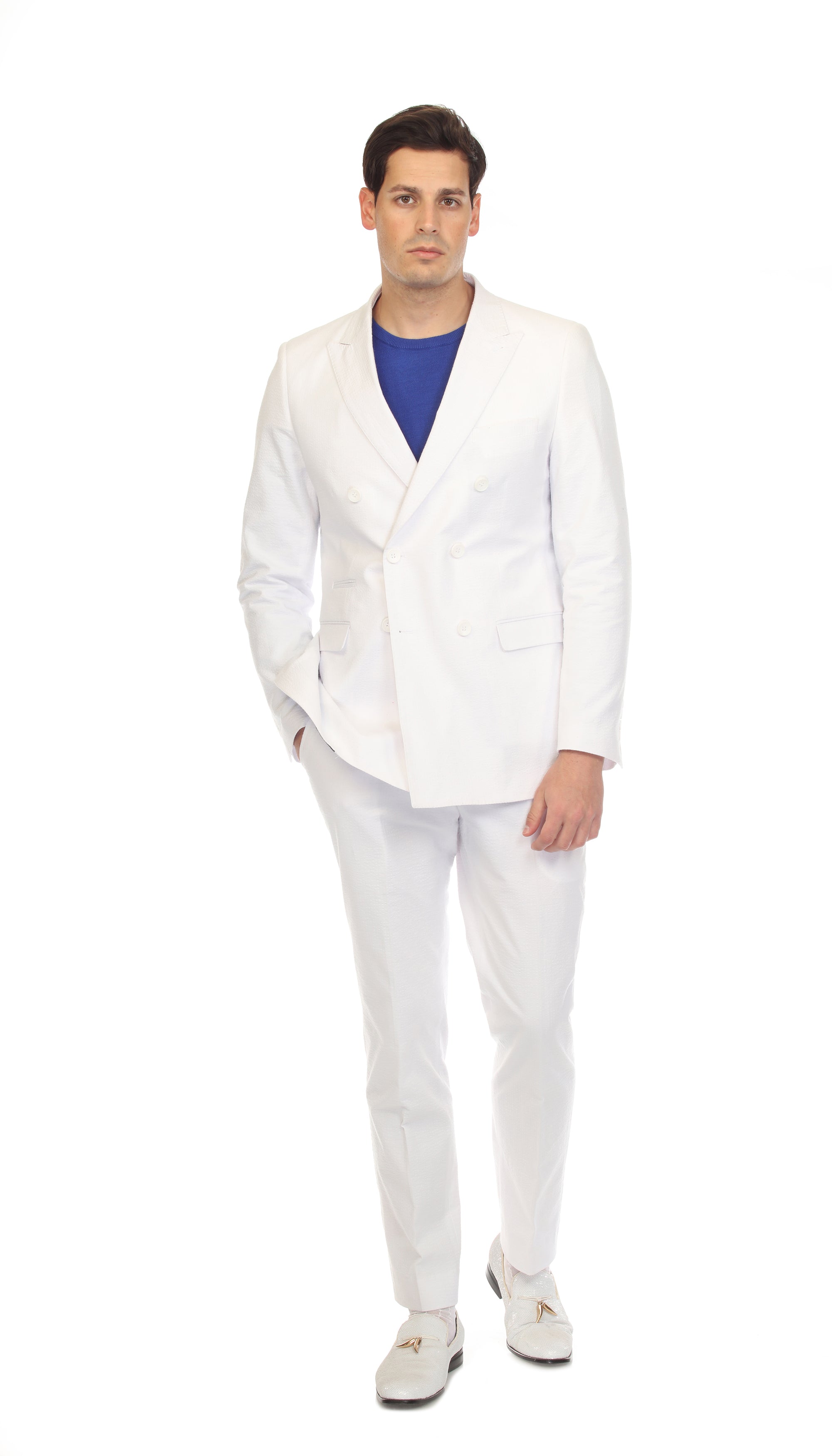 Men's White Double Breasted Slim Fit Seersucker Suit-1