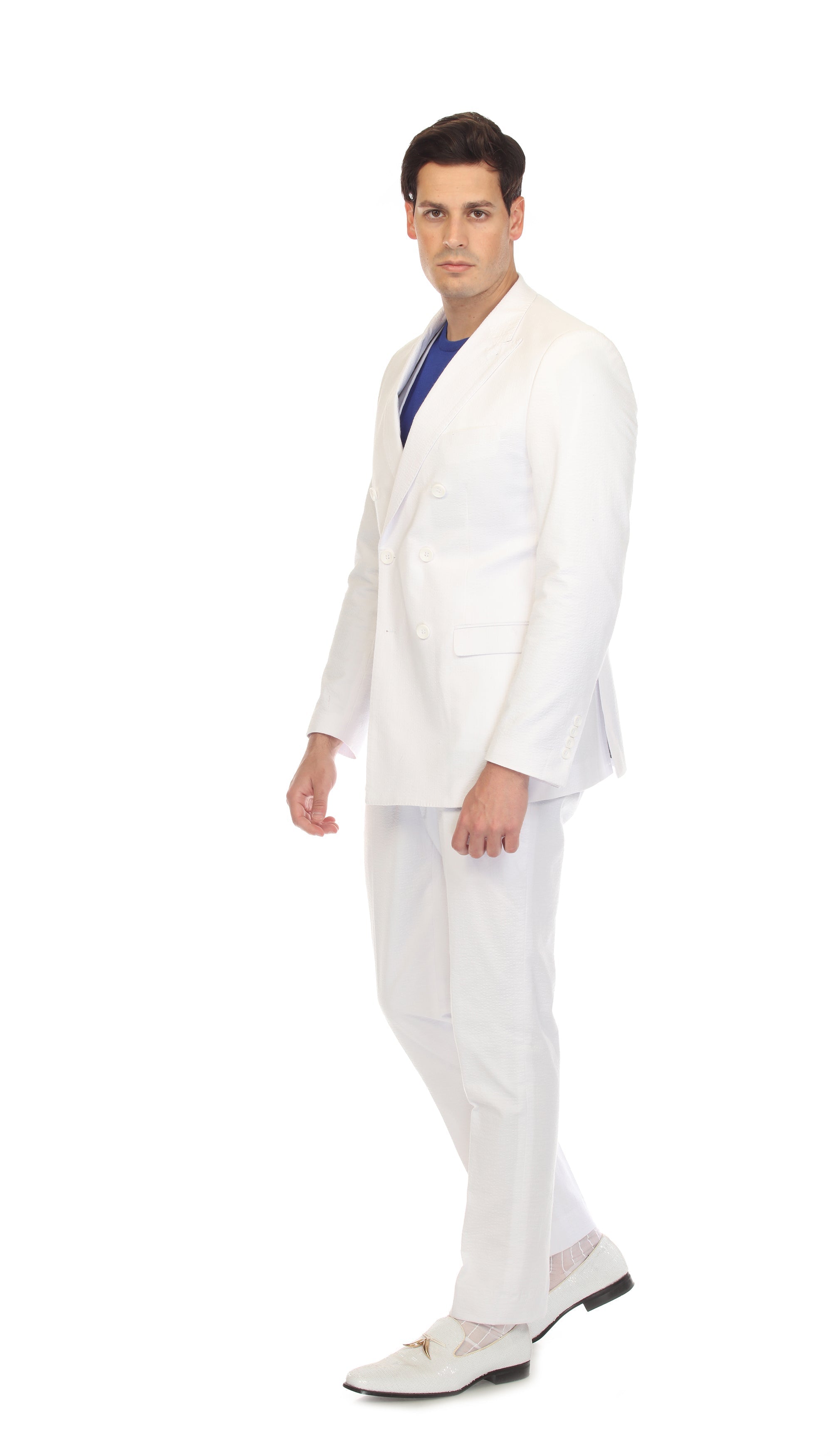 Men's White Double Breasted Slim Fit Seersucker Suit-4