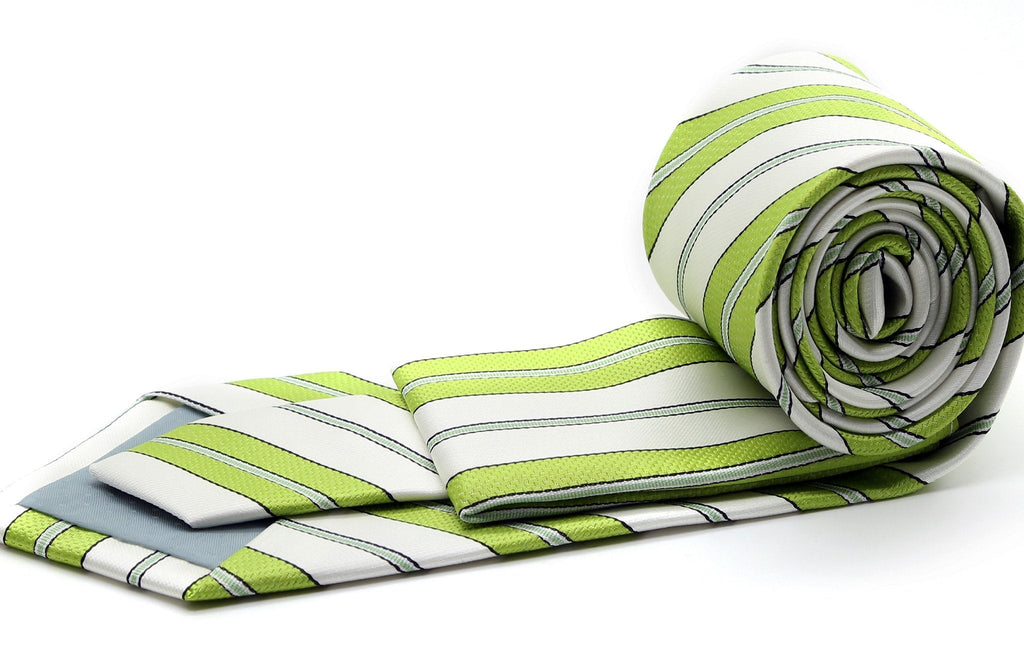 Mens Dads Classic Green Striped Pattern Business Casual Necktie & Hanky Set F-9-1