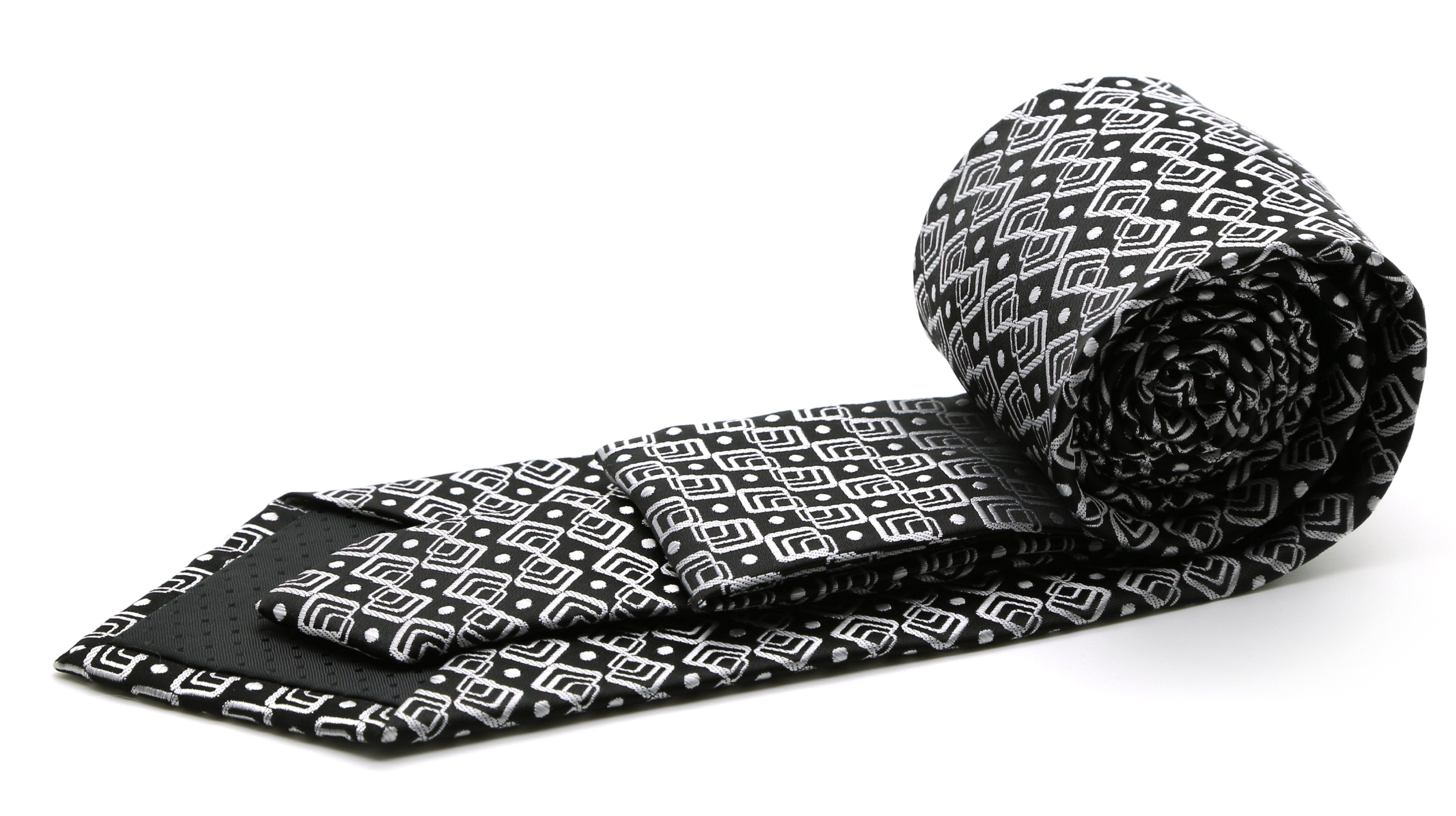 Mens Dads Classic Black Geometric Pattern Business Casual Necktie & Hanky Set G-1-1