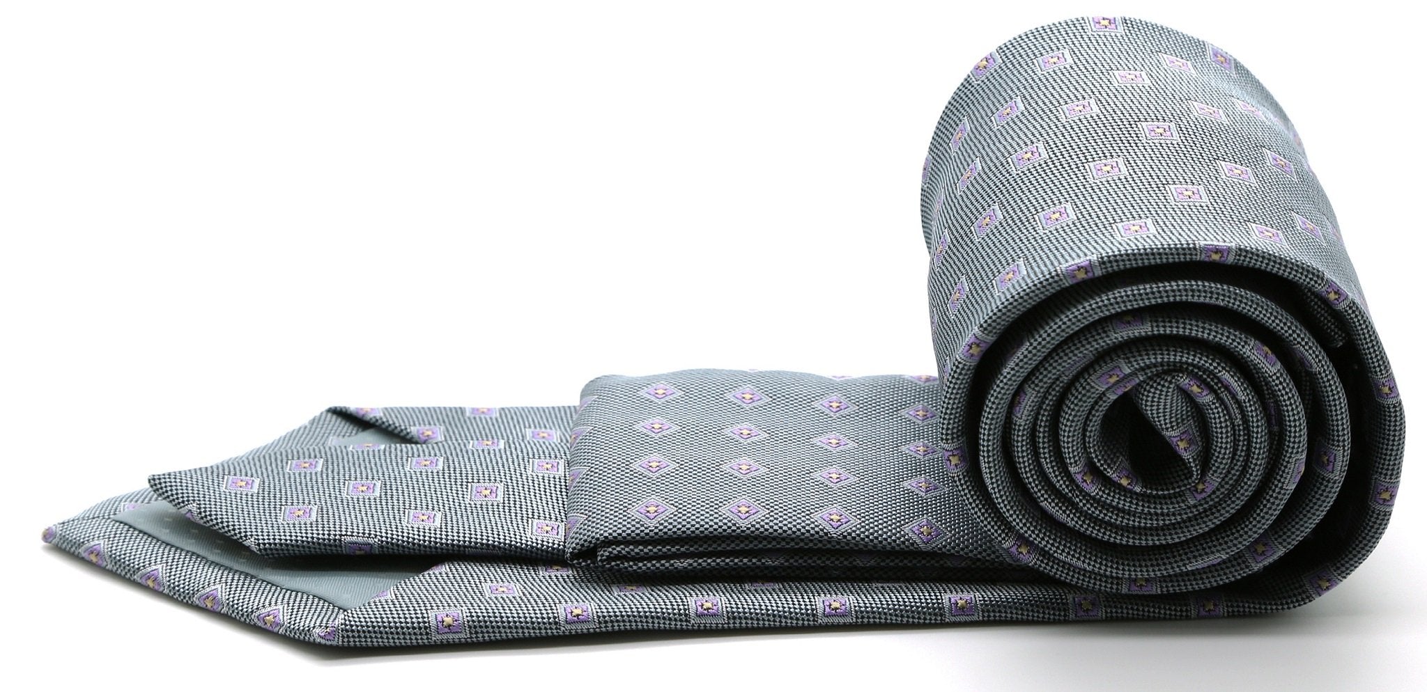 Mens Dads Classic Grey Geometric Pattern Business Casual Necktie & Hanky Set KO-5-1