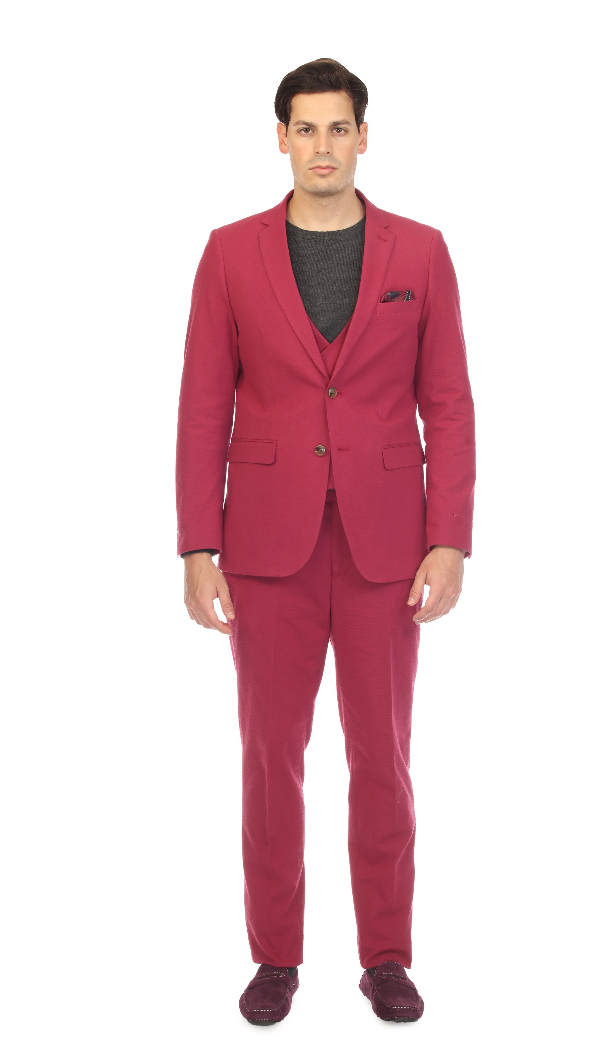 Men's Slim Fit Two Button Burgundy Seersucker Suit-2