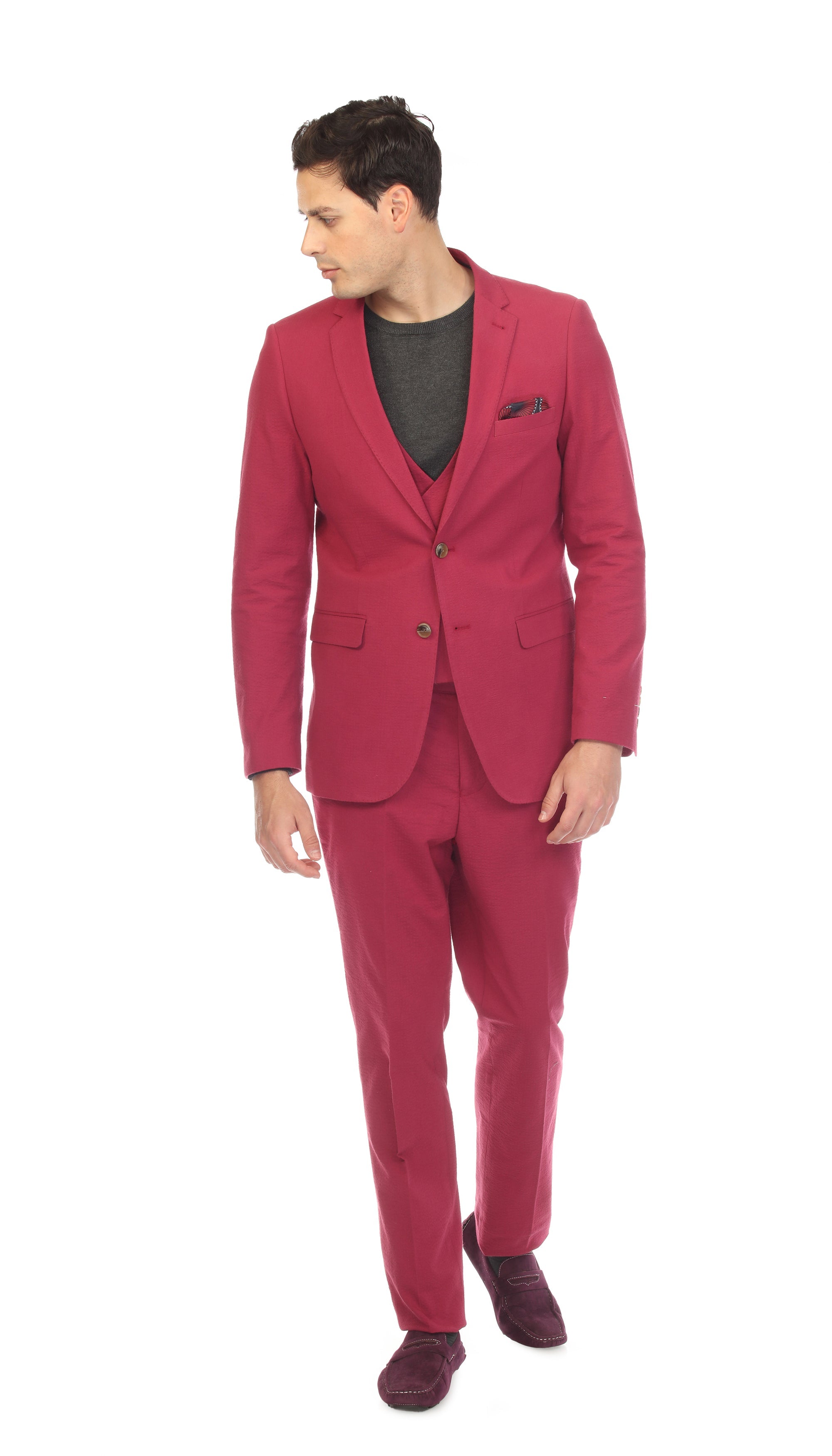 Men's Slim Fit Two Button Burgundy Seersucker Suit-3