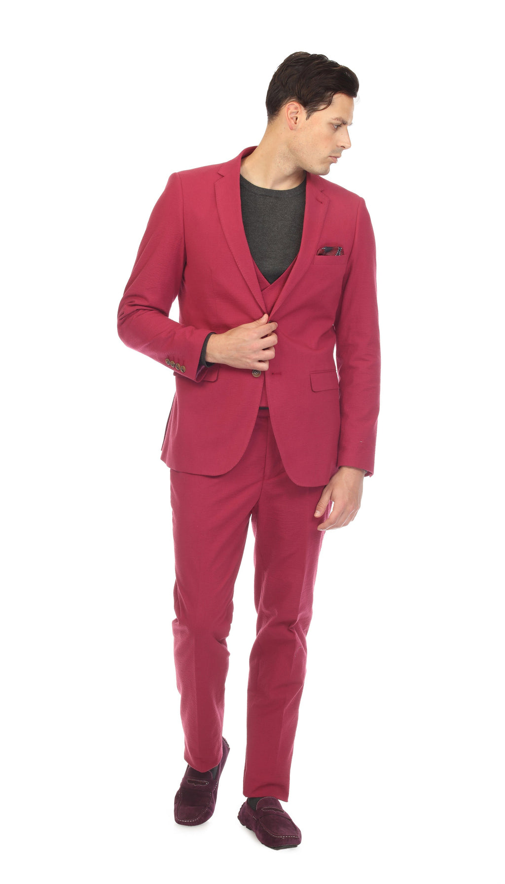 Men's Slim Fit Two Button Burgundy Seersucker Suit-4