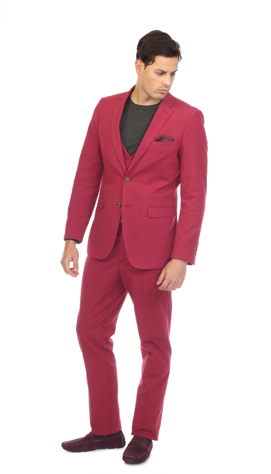 Men's Slim Fit Two Button Burgundy Seersucker Suit-1