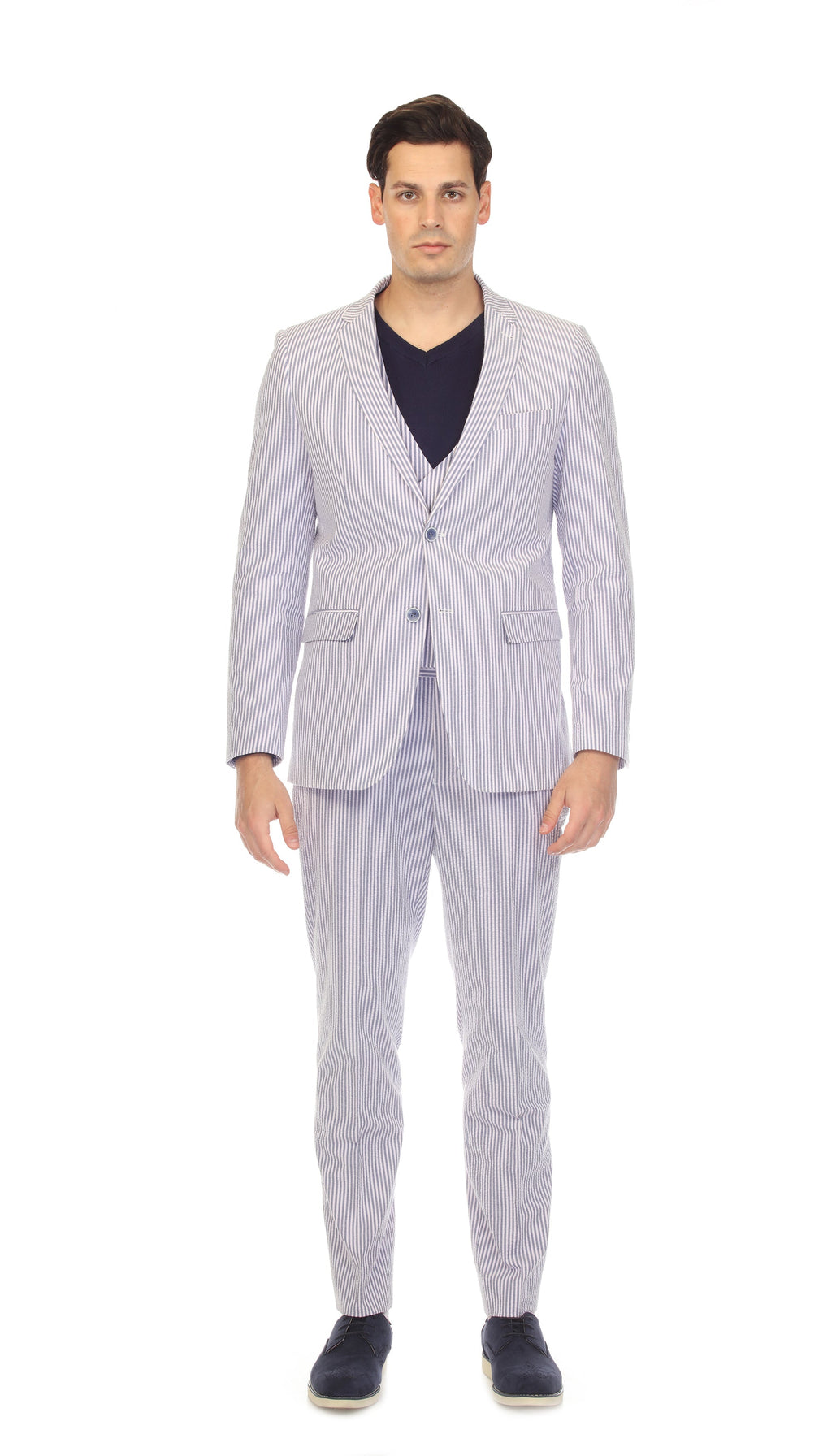 Men's Slim Fit Two Button Blue Seersucker Suit-1