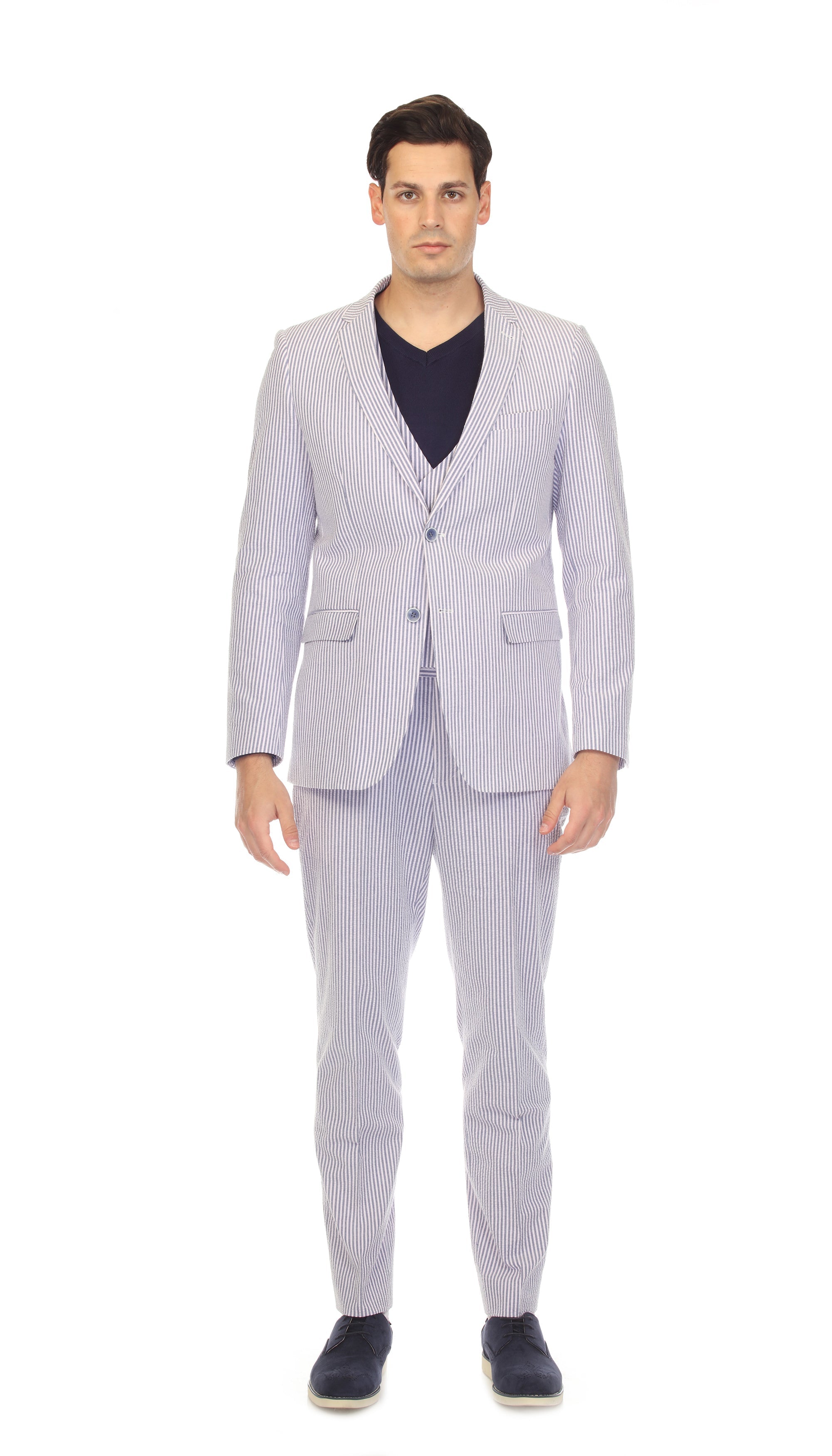 Men's Slim Fit Two Button Blue Seersucker Suit-1