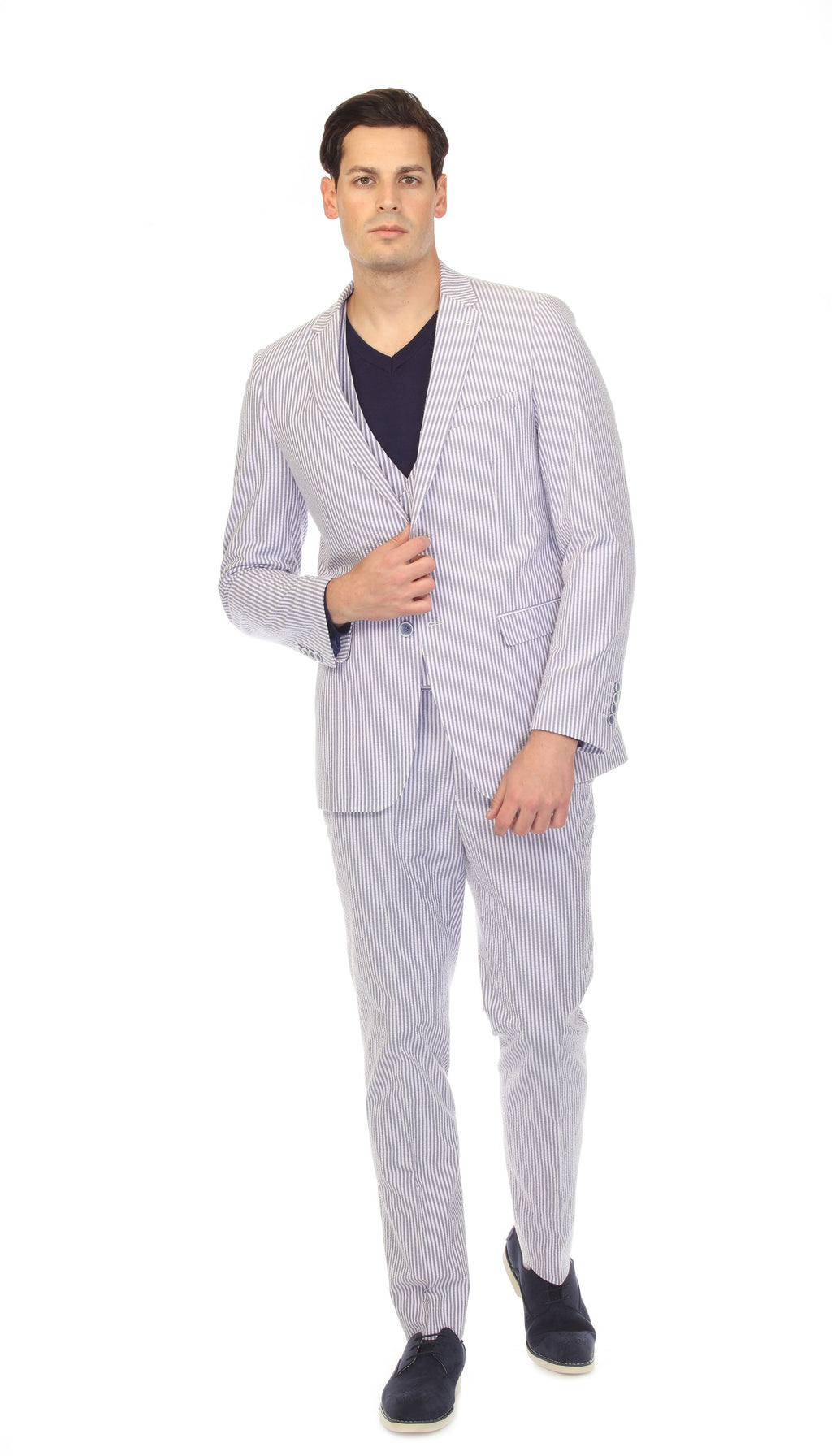 Men's Slim Fit Two Button Blue Seersucker Suit-4