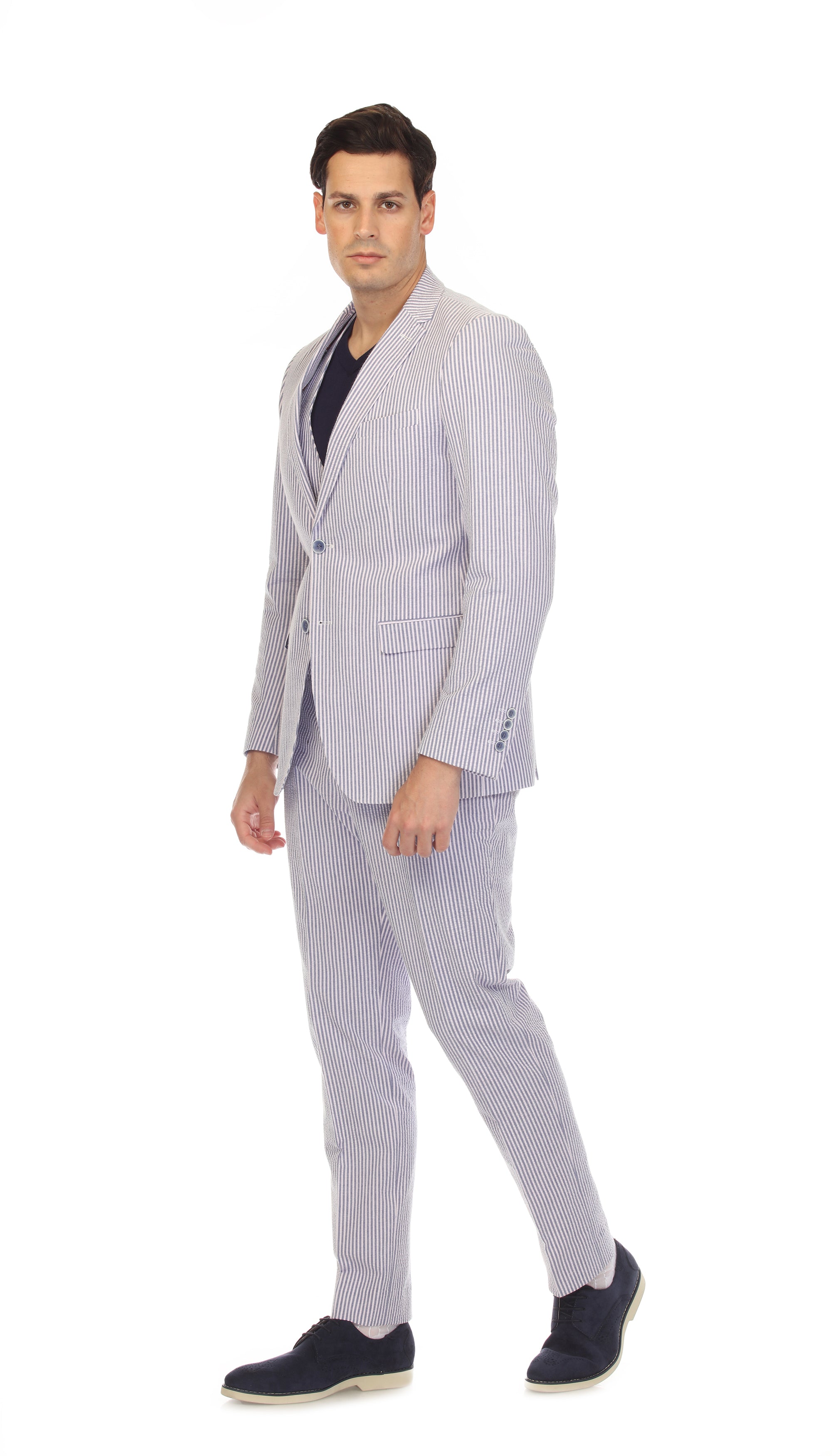 Men's Slim Fit Two Button Blue Seersucker Suit-2