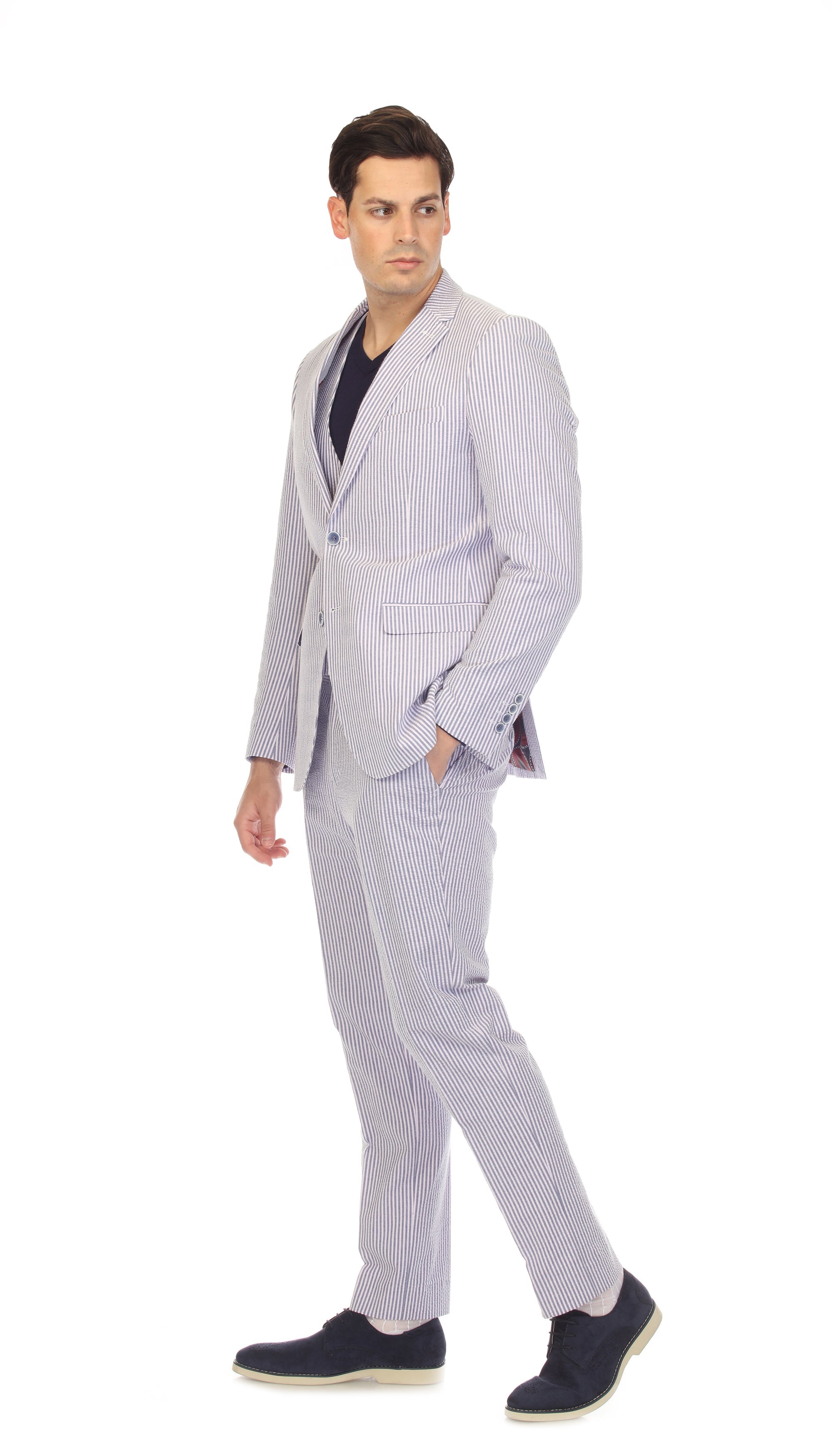 Men's Slim Fit Two Button Blue Seersucker Suit-3