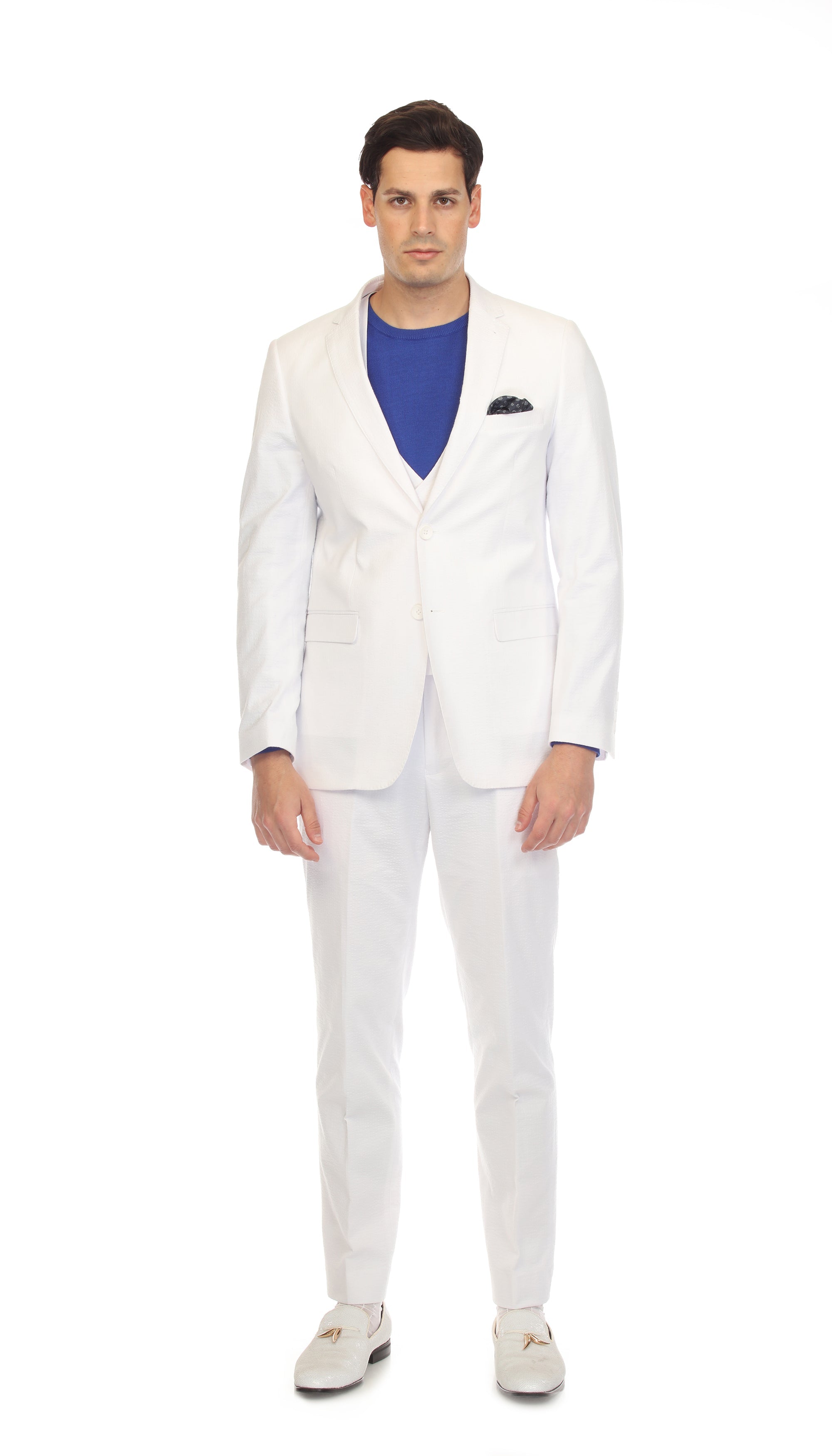 Men's Slim Fit Two Button White Seersucker Suit-2
