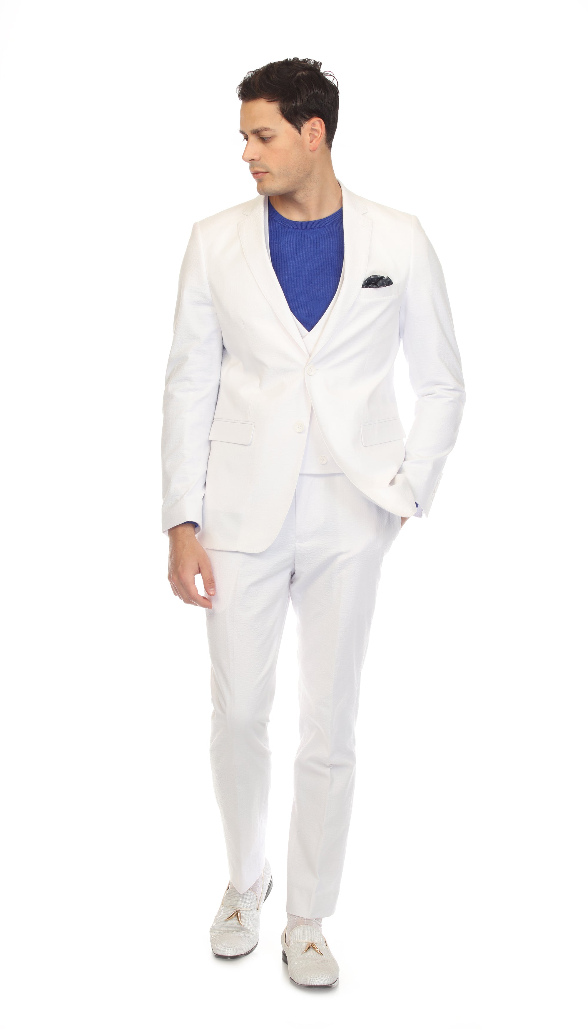 Men's Slim Fit Two Button White Seersucker Suit-3