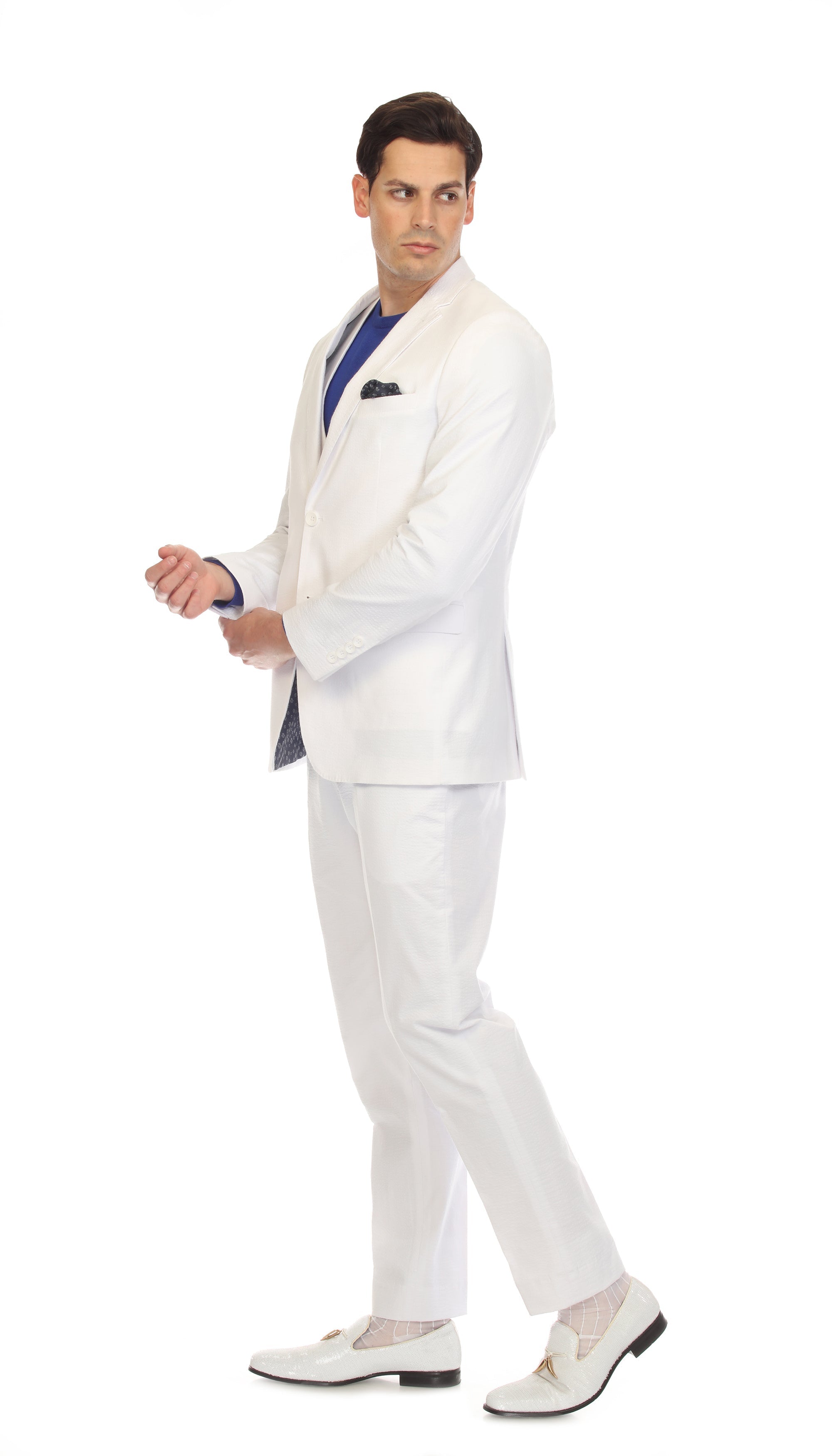 Men's Slim Fit Two Button White Seersucker Suit-4