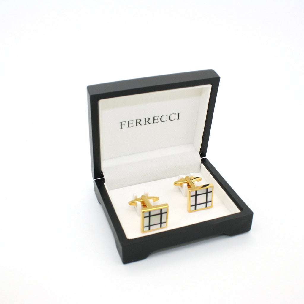 Goldtone White Shell Cuff Links With Jewelry Box-1