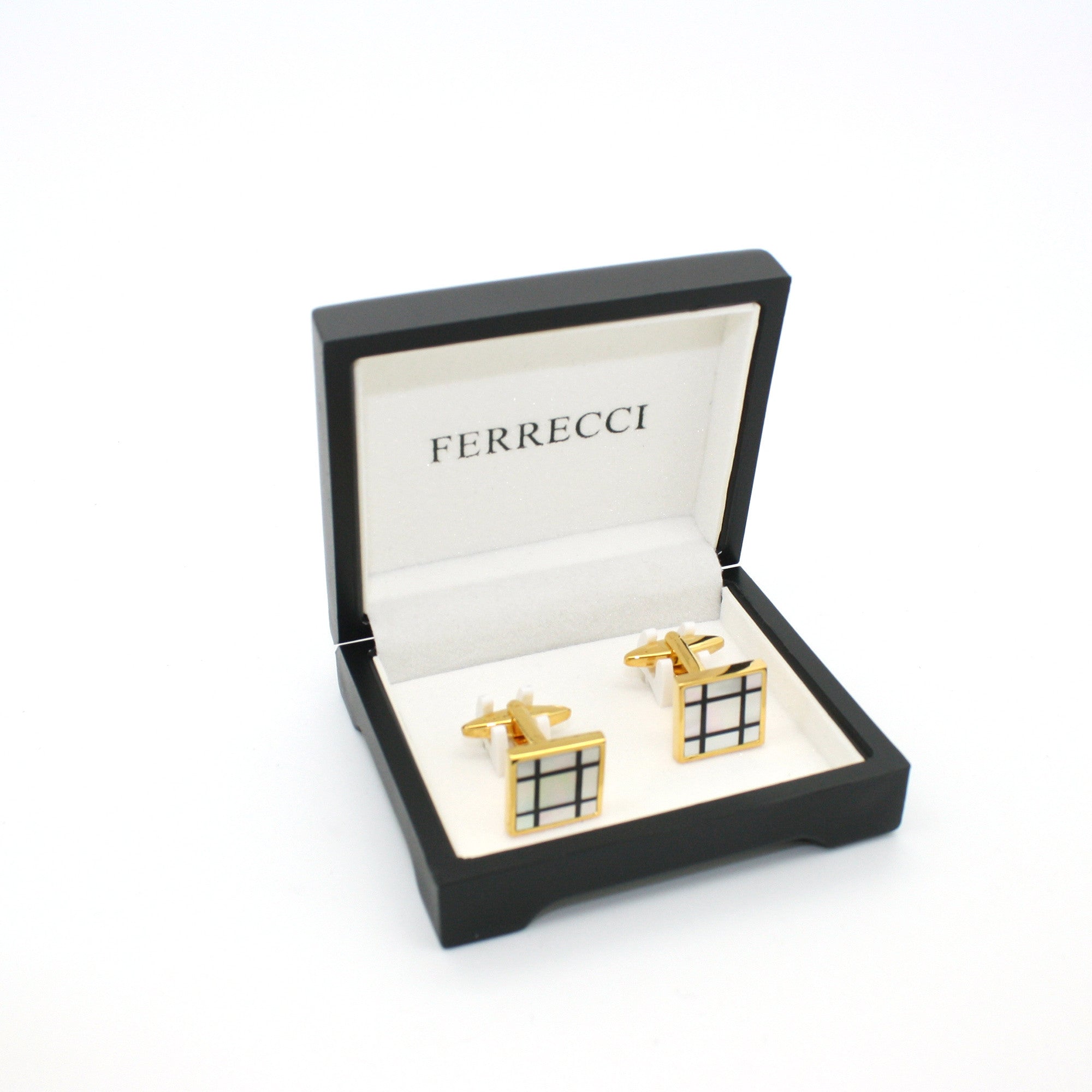 Goldtone White Shell Cuff Links With Jewelry Box-1