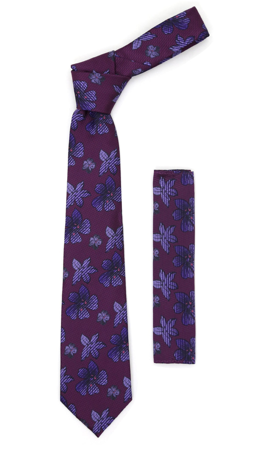 Wine Purple Floral Necktie with Handkerchief Set-0