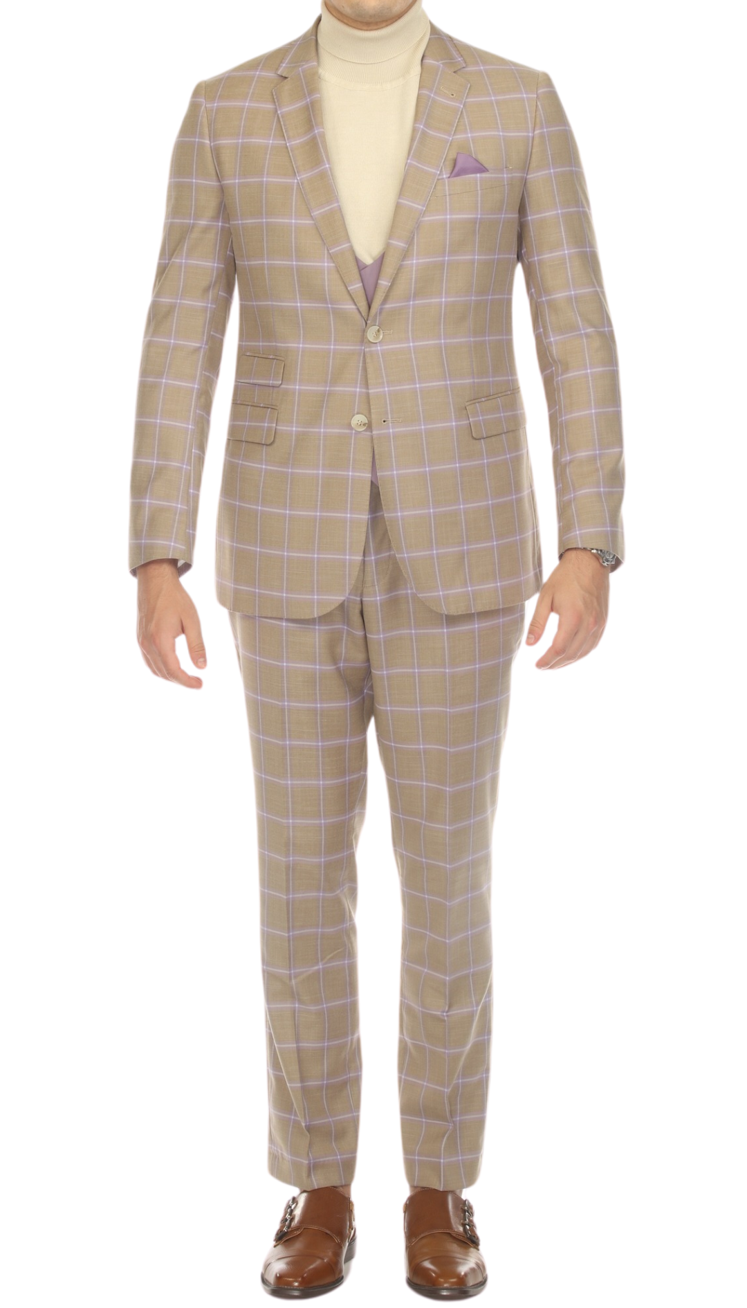 Wilton Tan Mens 2 Button Slim Notch Lapel Suit With Pick Stiching "U" Shaped Vest Double Breasted Contrast Vest-0