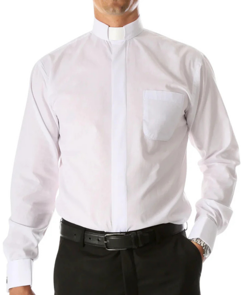 White Clergy Deacon Bishop Priest Mandarin Collar Dress Shirt-0